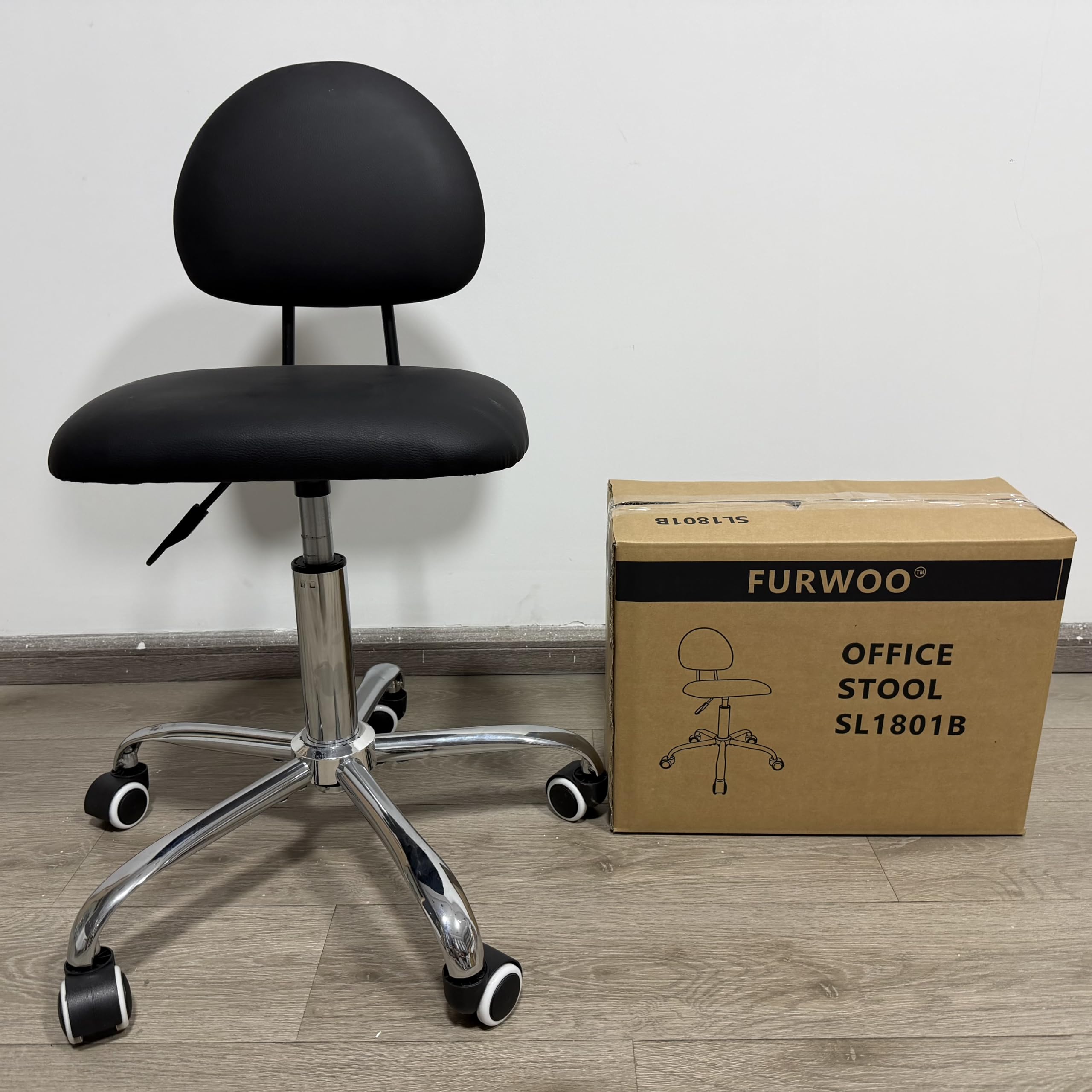 FURWOO Bürostuhl mit Rückenlehne, moderner minimalistischer Stil 360° drehbarer Hocker mit Rollen für Hausbüro Arbeiten Schminktisch Spa- und Geschäftsnutzung Schwarz