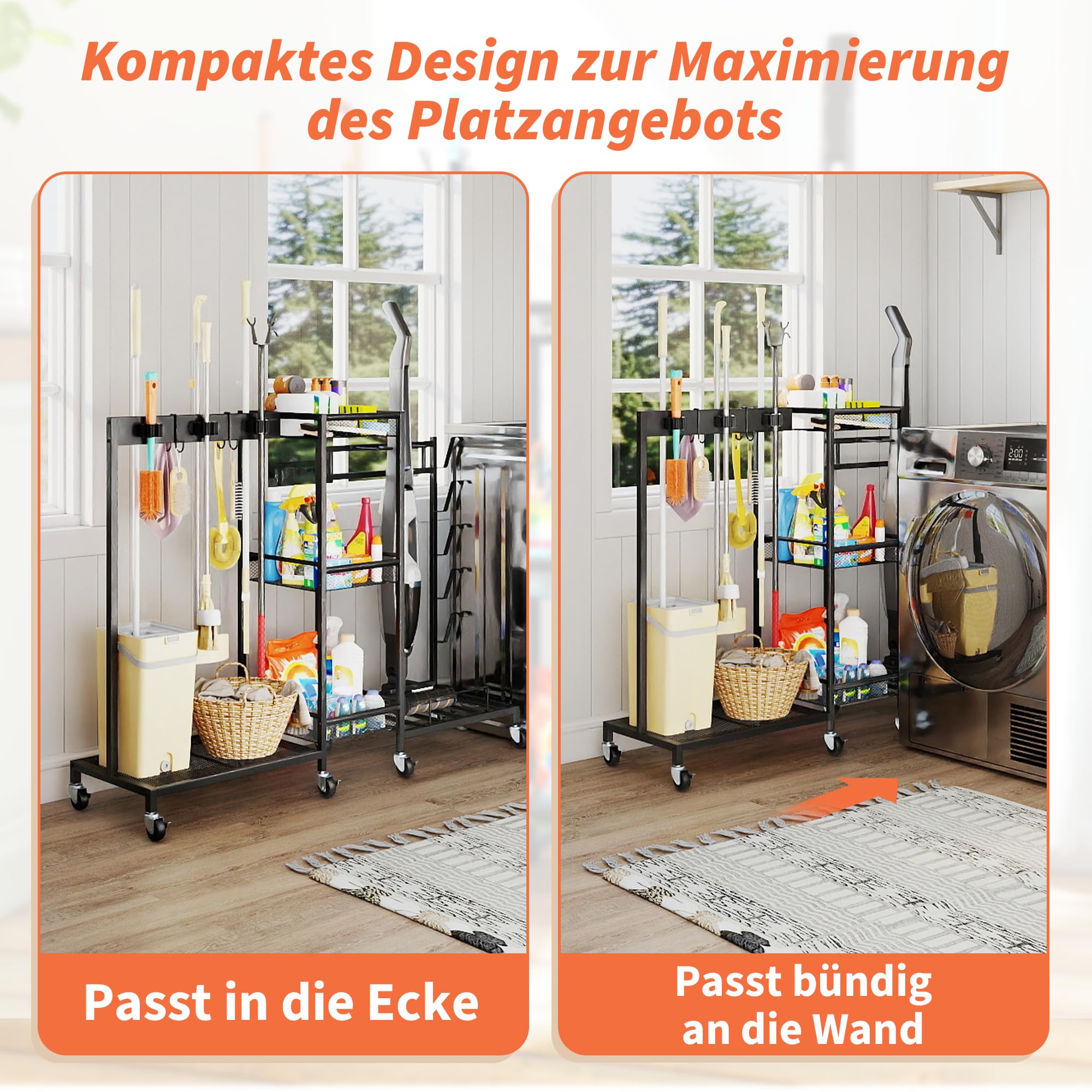 ohbien Mobiler Reinigungswagen mit Staubsaugerständer Mopphalter Besenhalter 85 × 101 × 30 cm
