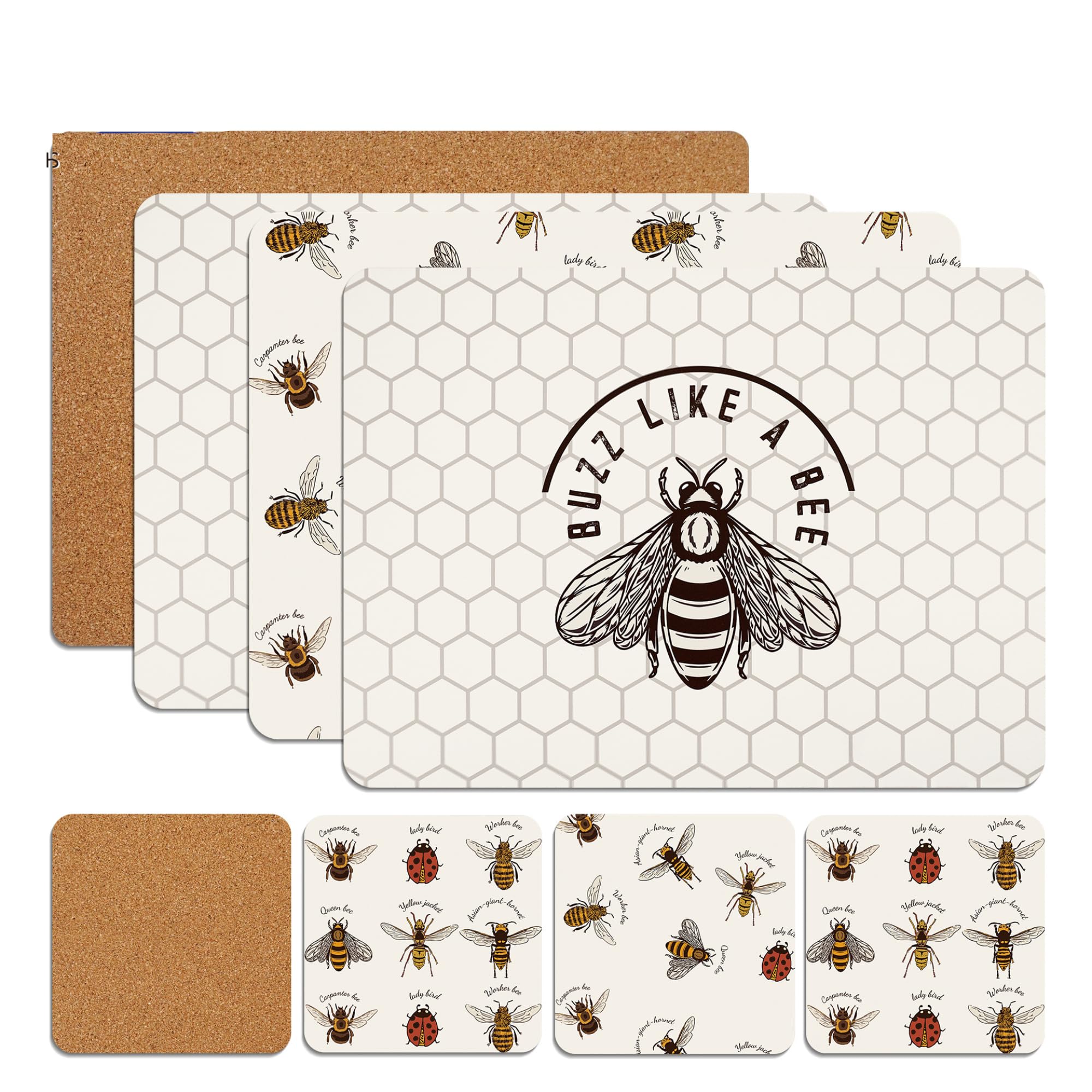 SiXsigma Sports Placemats & Coasters Set Heat Resistant Cork Placemats Table Mats For Dining Kitchen Place Mats Set of 8 - Ideal Table Christmas Decorations 21.5 x 29cm (Bumble Bees)