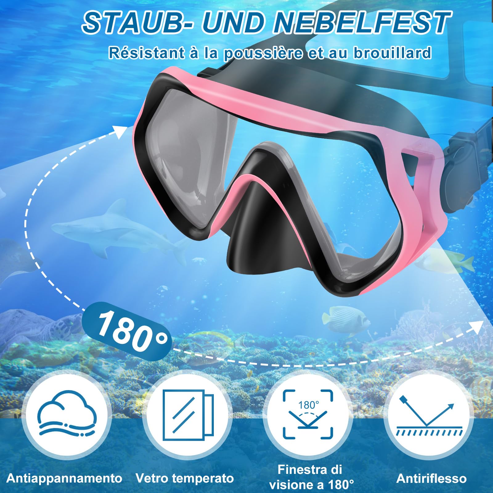 IEEILULU Set da Snorkeling per Adulti, Set di Boccaglio con Maschera Subacquea, Snorkel Semi Asciutto e Pinne Regolabili, Set da Immersione per Adulti Snorkeling Avventura Subacquea