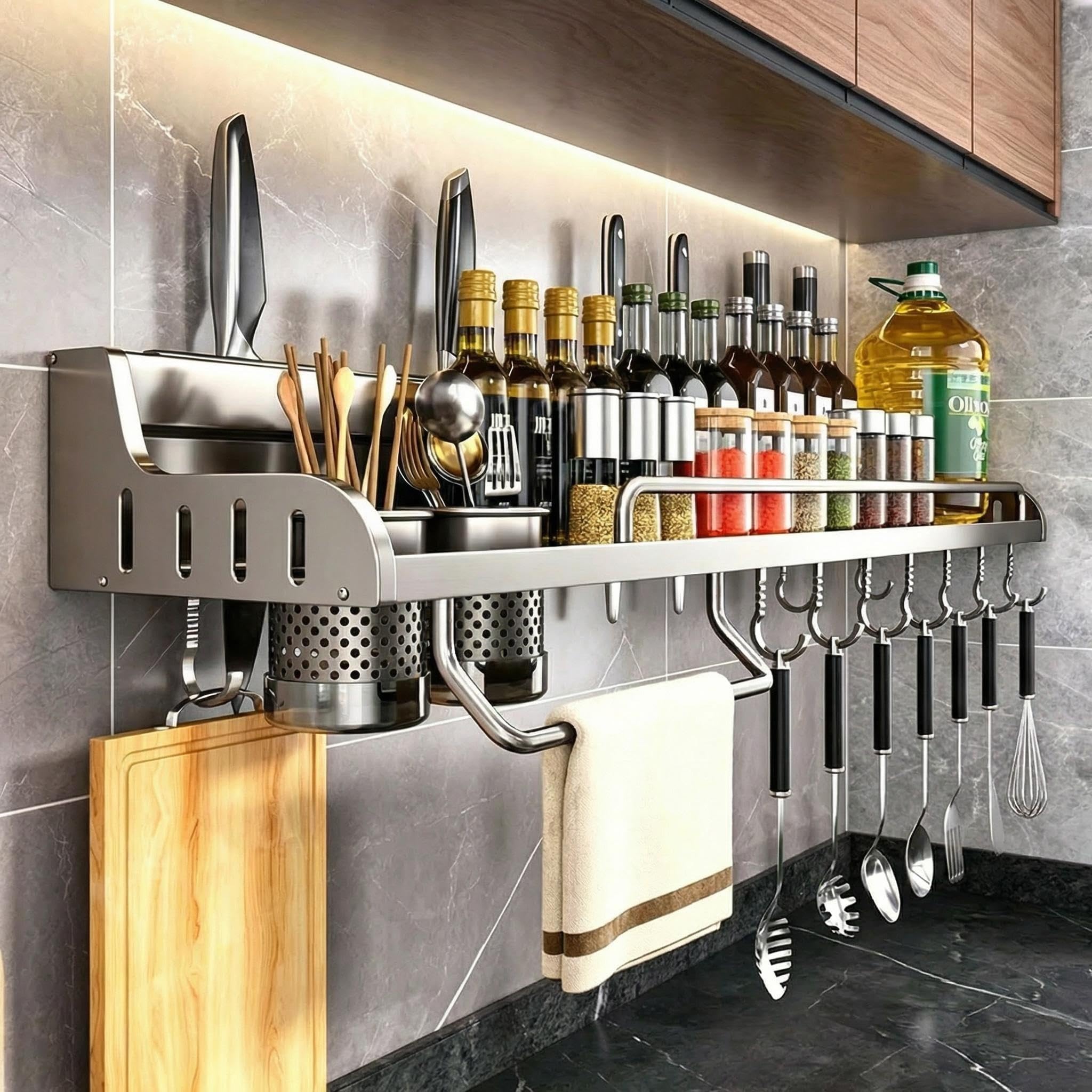Kitchen Wall Mounted Organizer 50cm Multifunctional Utensil Holder with 2 Chopstick Holders (Drip Tray), 4 Knife Slots, Towel Bar, 10 Hooks, Anti-Fall Lip – No Drill/Drill Options, 15kg Capacity