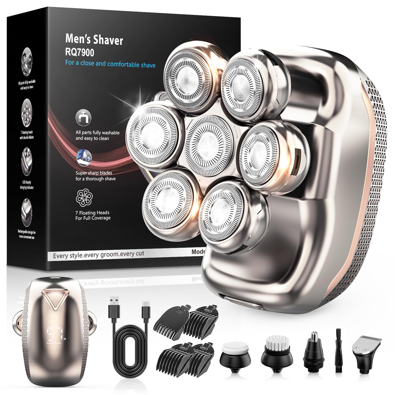 Afeitadora Cabeza Hombre, 5 en 1 Afeitadora Eléctrica Hombre para Calva, Afeitadora Cabeza para Calva Impermeable en Seco y Húmedo con Pantalla LED USB Recargable para Afeitar Barba, Recortar Cabello