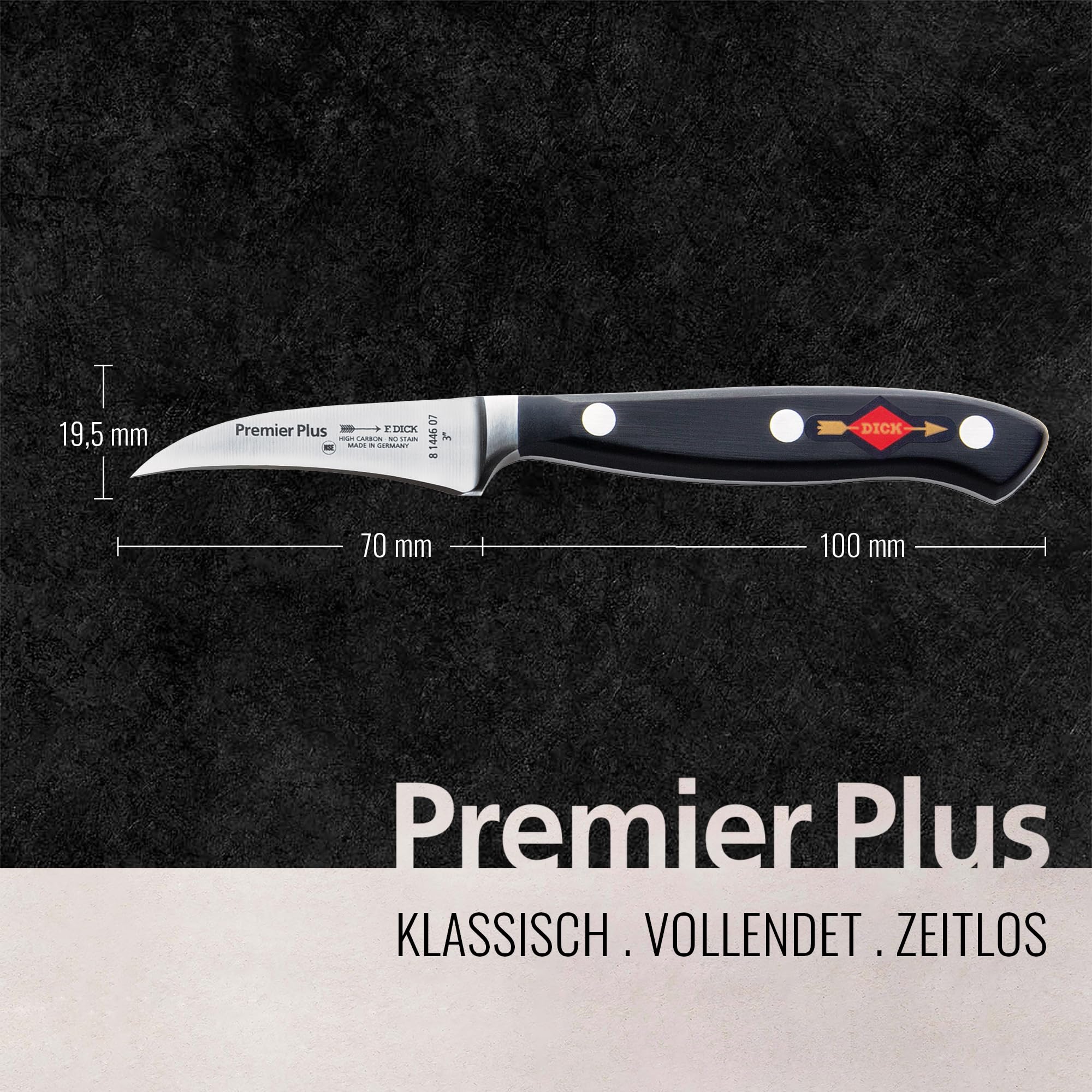 F. Dick Tourniermesser, Premier Plus (Messer mit Klinge 7 cm, X50CrMoV15 Stahl, nichtrostend, 56° HRC) 81446072, Schwarz, 17 cm
