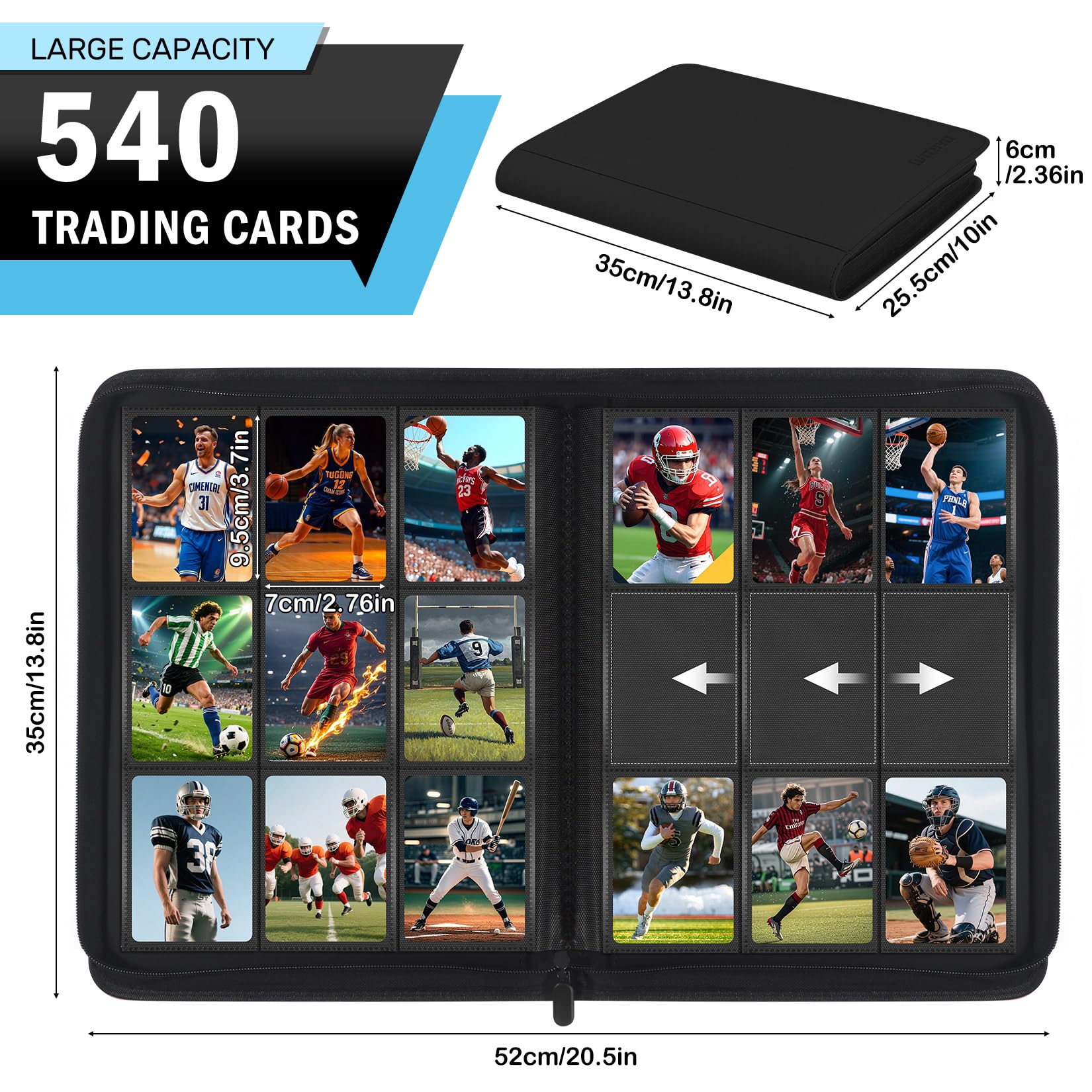 WITHYU Album da Collezione per Carte con 9 Tasche, Capienza 540 Carte - Portacarte Impermeabile con Caricamento Laterale e Cerniera per TCG, Calcio & Collezione, Portatile (Nero)