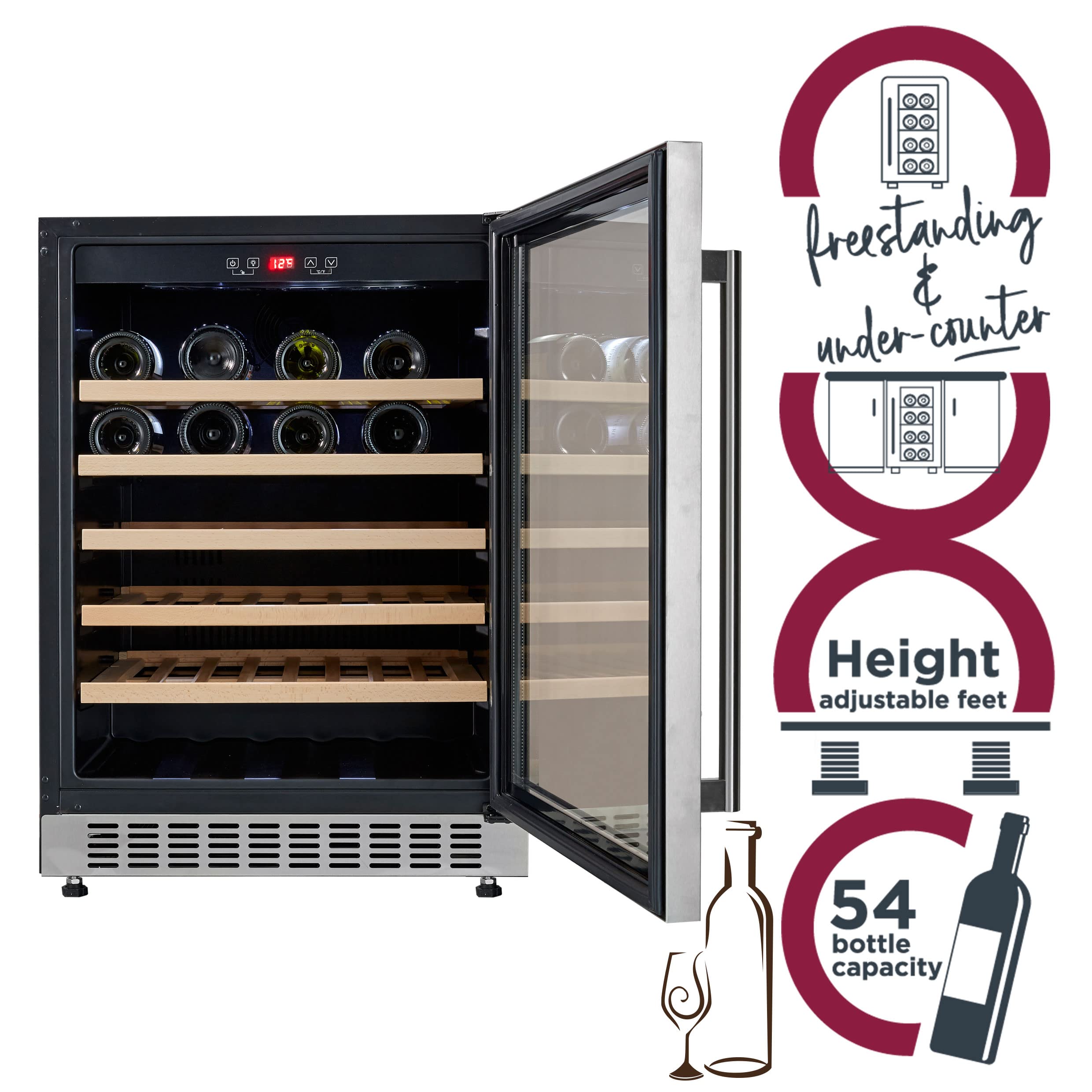Cookology CWC600SS Freestanding Under Counter Fridge Cabinet 60cm Wine Cooler in Stainless Steel - 54 Bottle & 135 Litre Capacity - Sliding Shelves - Digital Temperature Control - Reversible Door — view 3