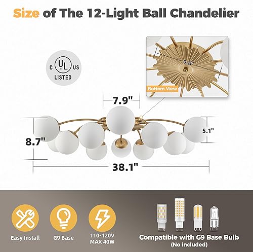Miniatura 2 de Luces de techo semiempotradas Sputnik de cristal de burbujas de 12 luces, 38.1 pulgadas, con forma de bola de burbuja, de latón de mediados de