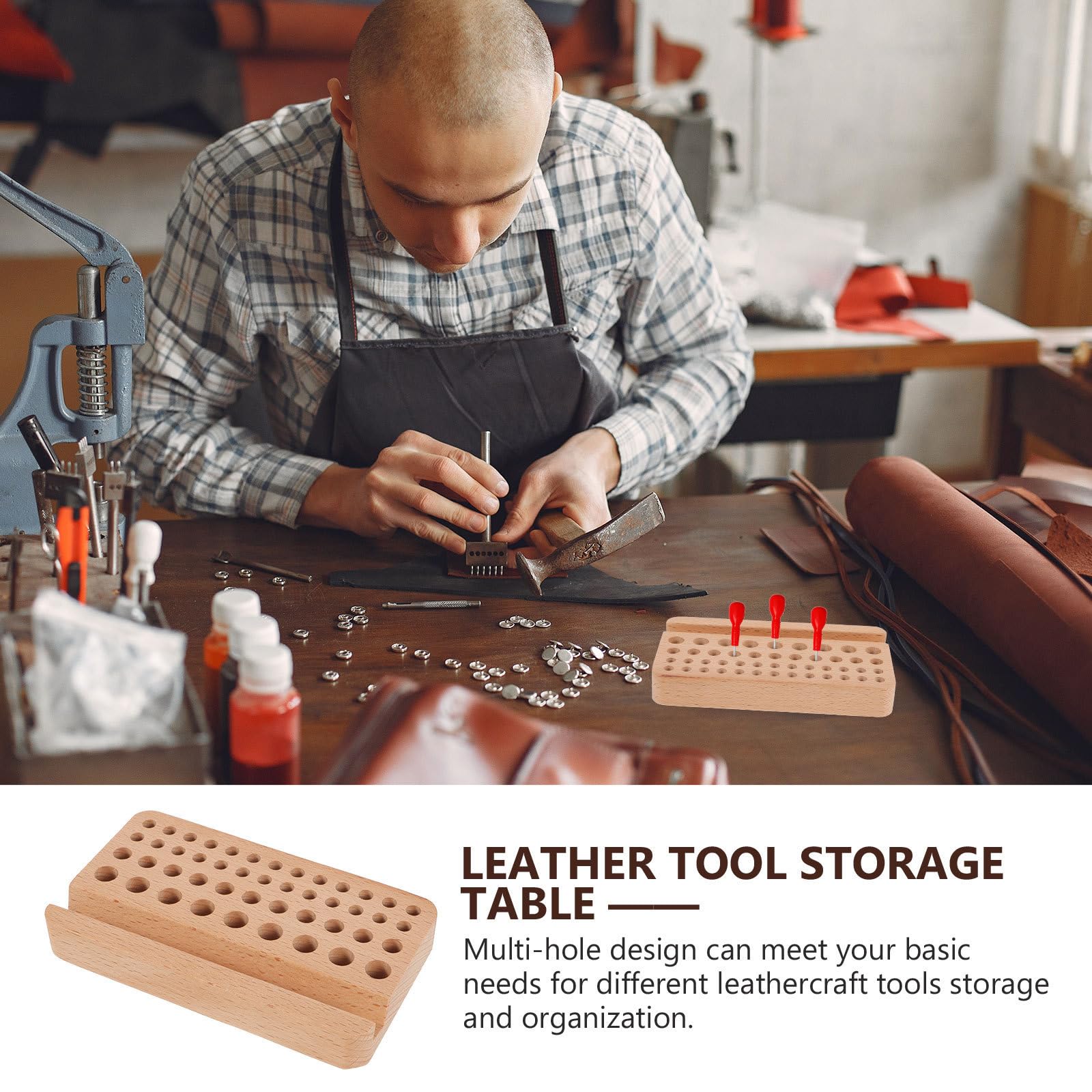 DECHOUS Caja Organizadora para Herramientas de Cuero Diseño de Múltiples Agujeros de Madera Khaki, Soporte para Perforadoras Adecuado para Manualidades DIY y Fácil Mantenimiento