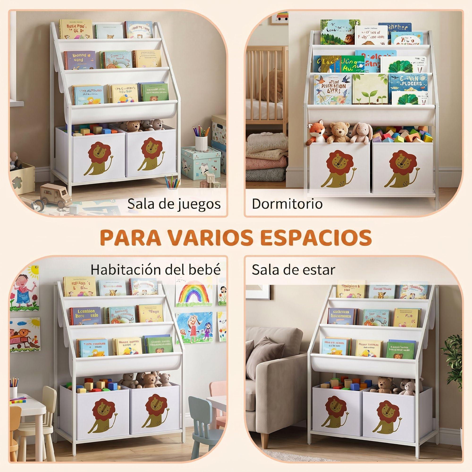 AIYAPLAY Librería Infantil de 4 Niveles Montessori Niños 76 cm Blanco | Estantería para Libros, 3 Estantes, 2 Cajones de Tela, Diseño de León, Sala de Juegos, Dormitorio, Guardería