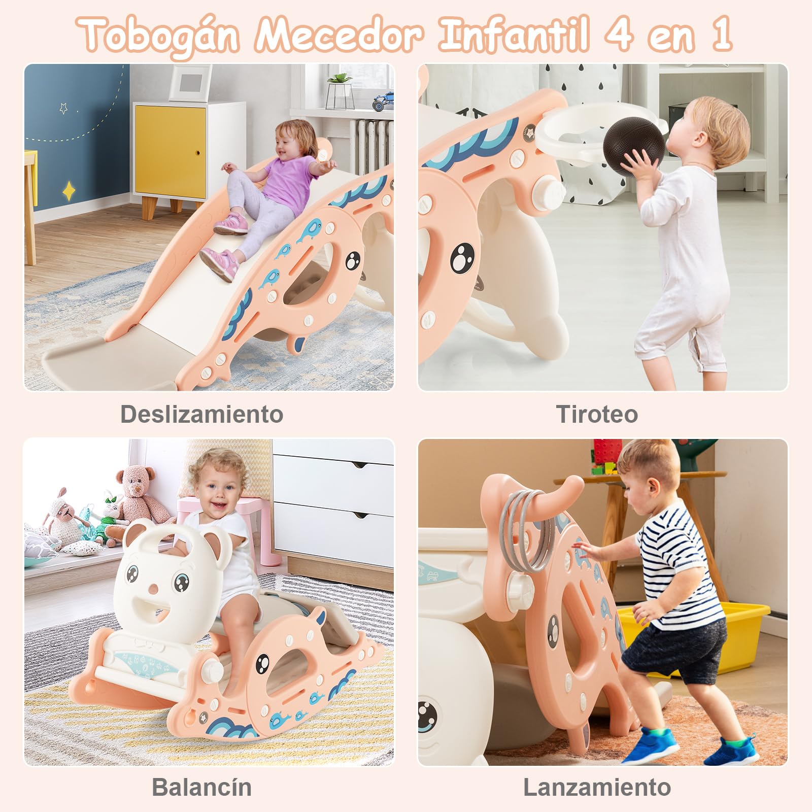 COSTWAY Tobogán Infantil Plegable 4 en 1, Tobogán para Niños con Canasta de Baloncesto y Escalera, Tobogán Multifuncional para Niños con Anillos, Caballo Balancín para Niños (Rosa, Oso)
