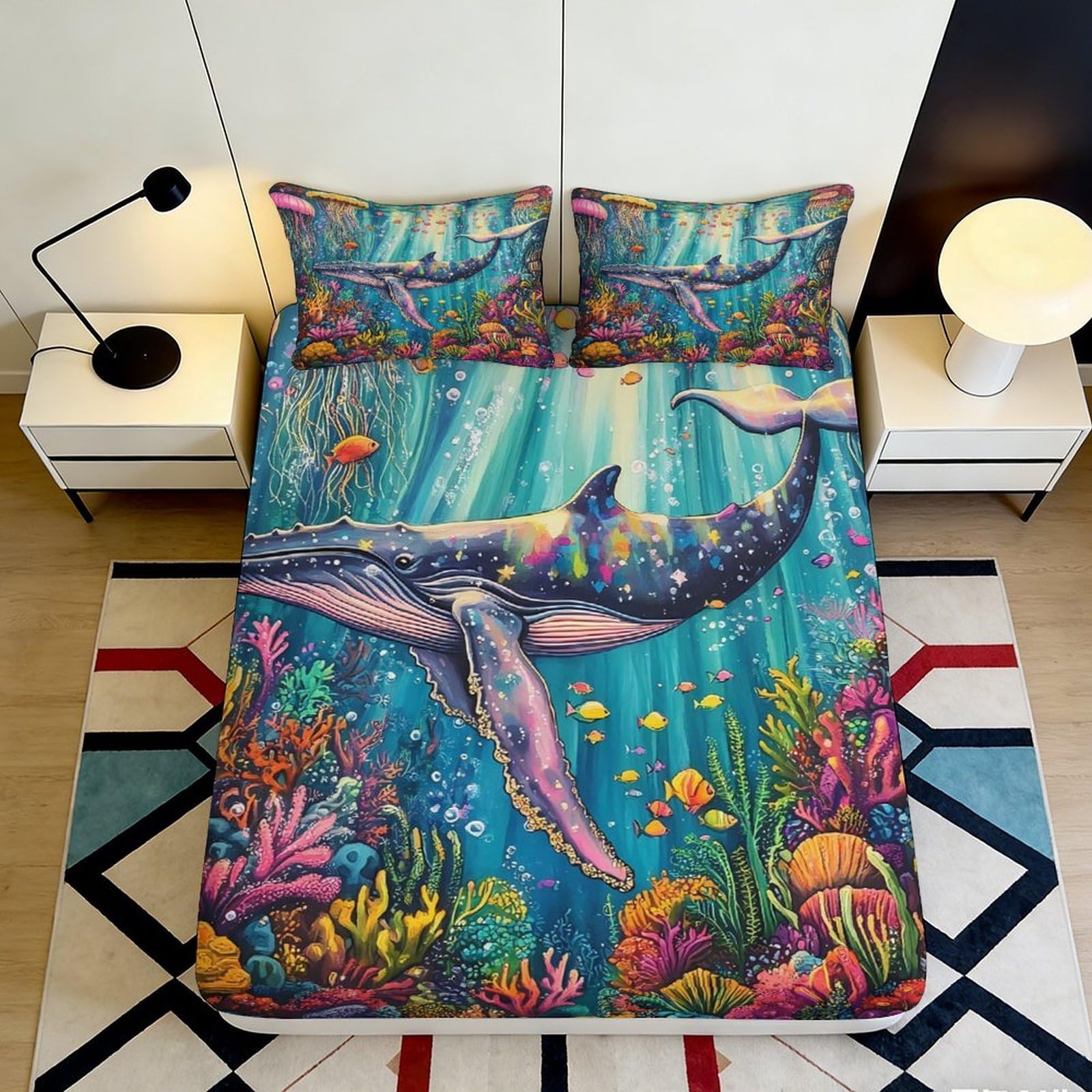3D Printed Ocean Whale Fitted Sheet Microfiber Soft Durable Colorful Underwater Bed Cover for Bedroom Dormitory Guest Room Mattress Protection 120x200x25cm