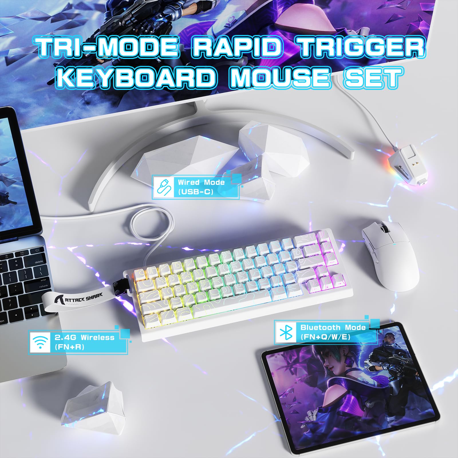 MAMBASNAKE × Attack Shark Clavier et Souris sans Fil à commutateurs magnétiques, Clavier à déclenchement Rapide 8 khz, Souris Gaming trimode 59g pour pc/Mac(Blanc)