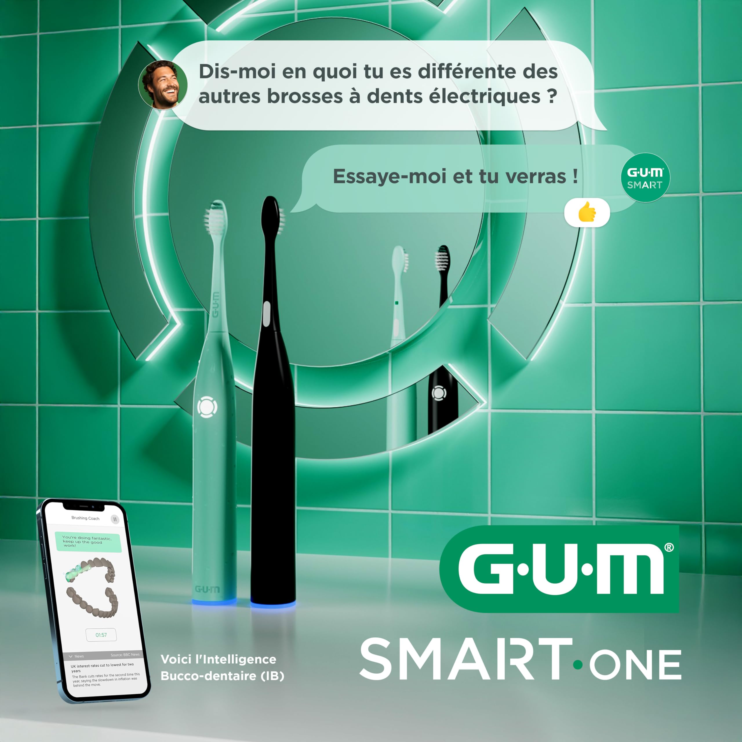 GUM SMART ONE Brosse à dents électrique | contrôle de vitesse | minuteur | 4 modes de brossage | 6 semaines d’autonomie | application intelligente | 1 brosse à dents | 2 têtes de brosse | Noire