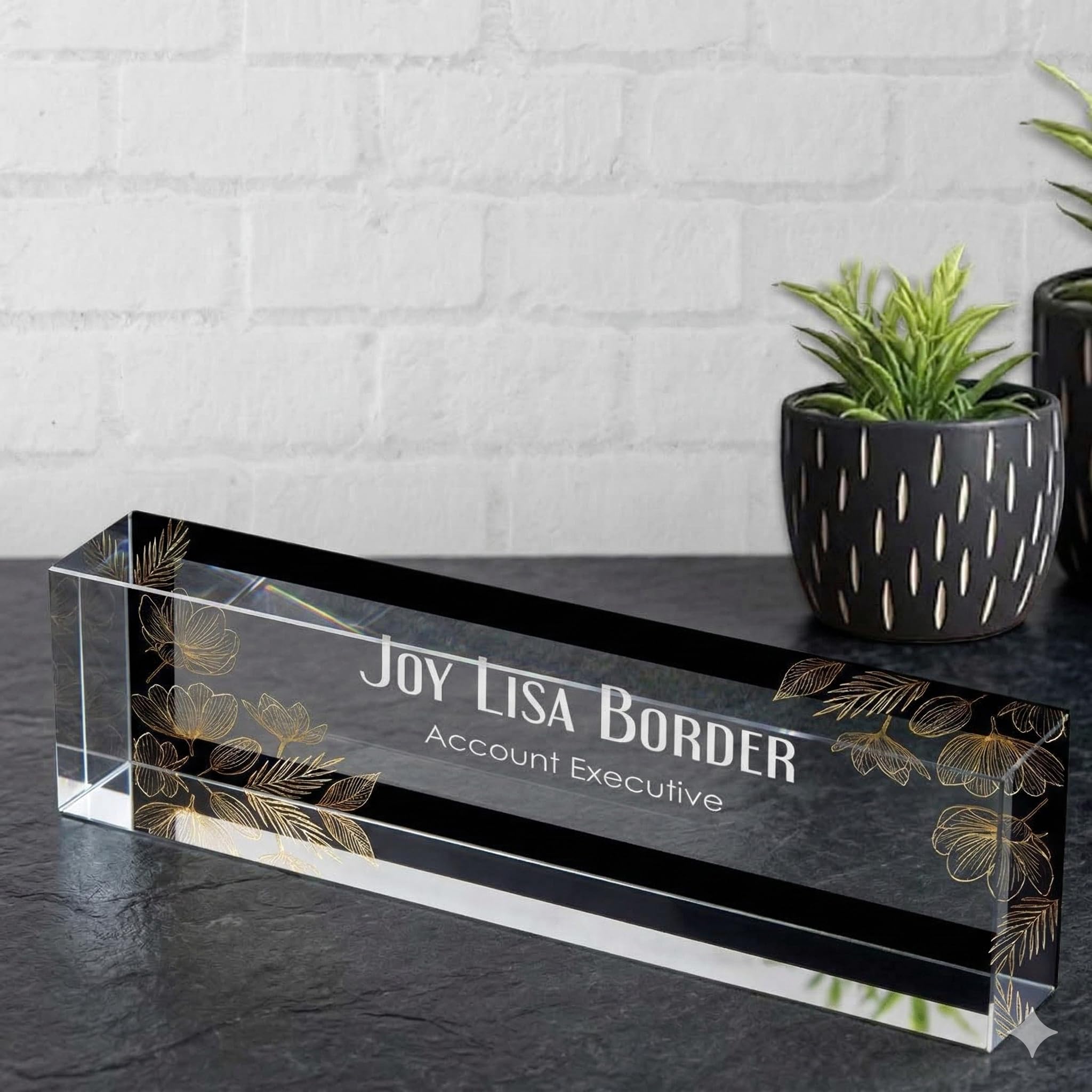Personalised Office Desk Name Plate Custom Modern Plaque Sign Clear Glass Effect White Acrylic Base Work Home Gift for Loved Ones