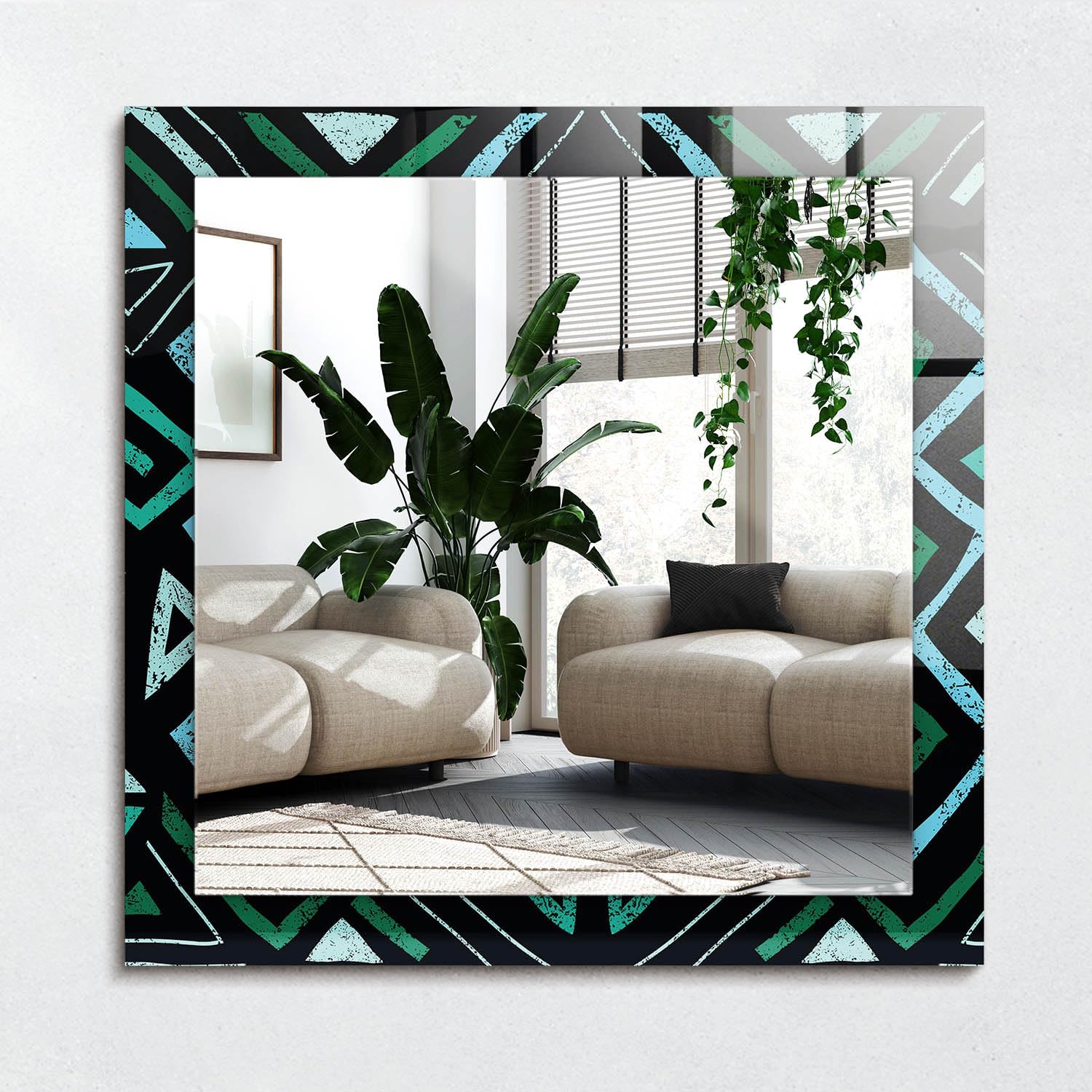 Miroir décoratif suspendu 60x60 sans cadre optimisant la lumière du salon avec style moderne