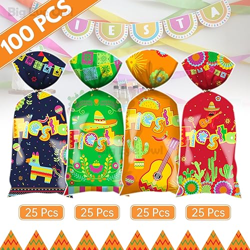 Miniatura 2 de 100 bolsas de celofán mexicano para fiestas, bolsas de plástico para dulces con 100 lazos dorados, temática mexicana, suministros para fiestas de