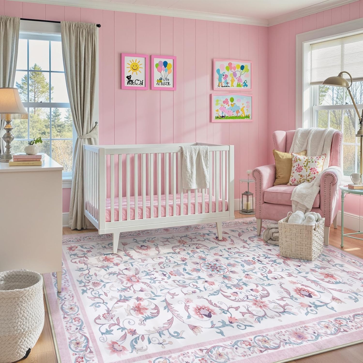 Lahome 8x10 Pink Floral Rugs for Bedroom Girls Soft Washable Non-Slip Low Pile Large Area Rug Cute Vintage Flower Carpet for Living Room Kids Nursery Rooms Dorms Playroom Home Decor Aesthetic 8' x 10' Pink