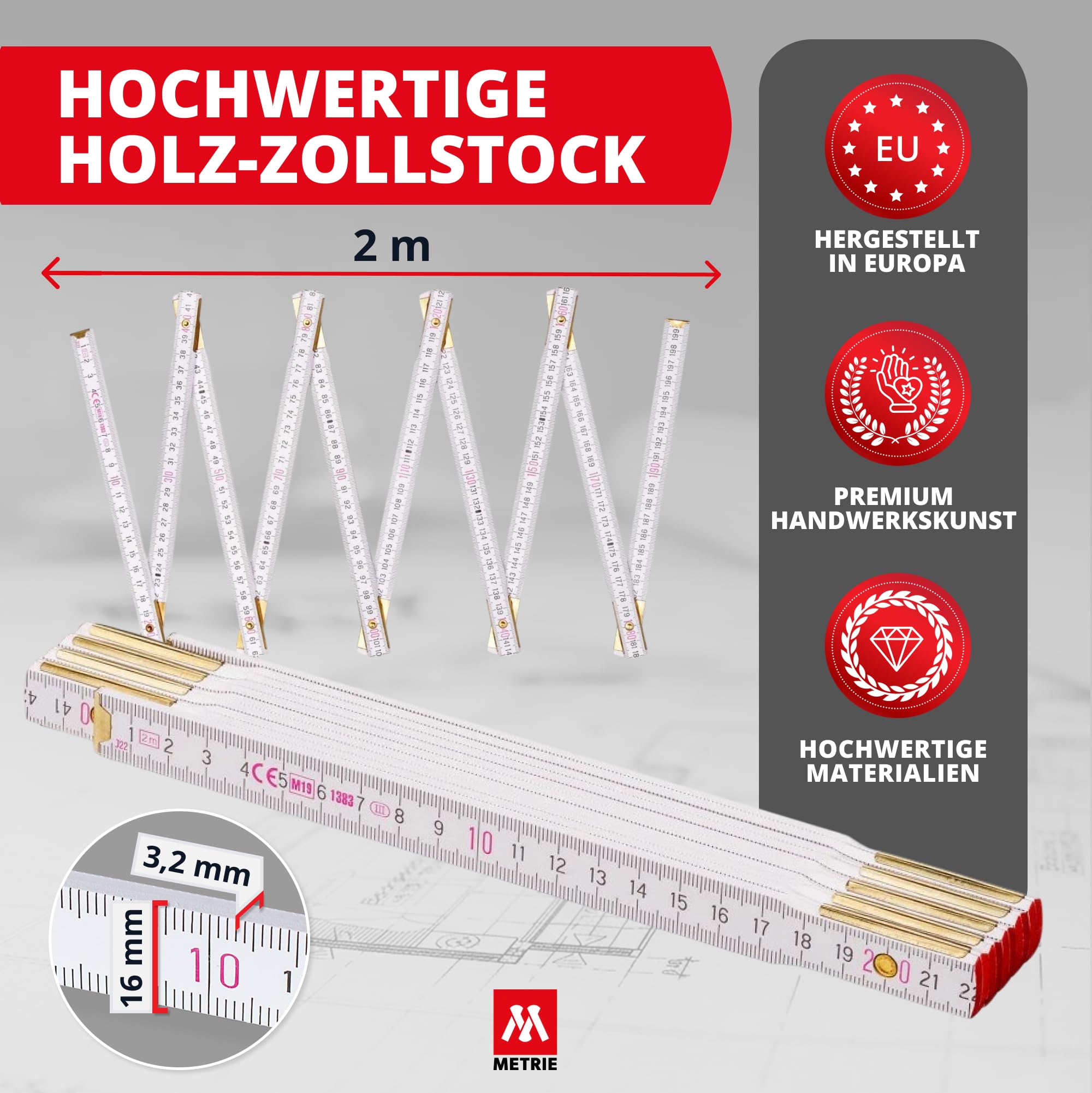 Metrie™ Zollstöcke Perfekt 10 – Gliedermaßstäbe 2m | Weiß | Lackiertes Holz, Stahlgelenke – Duplex Teilung, Hergestellt in der EU | Robuste & Präzise Holz-Gliedermaßstäbe | 100 Stück
