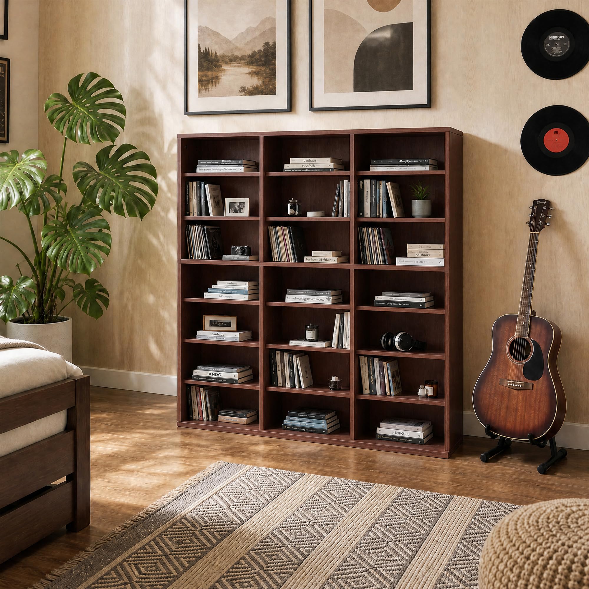 Garvee 7 Tier Tall CD Display Cabinet, 21-Compartment Media Tower, Walnut