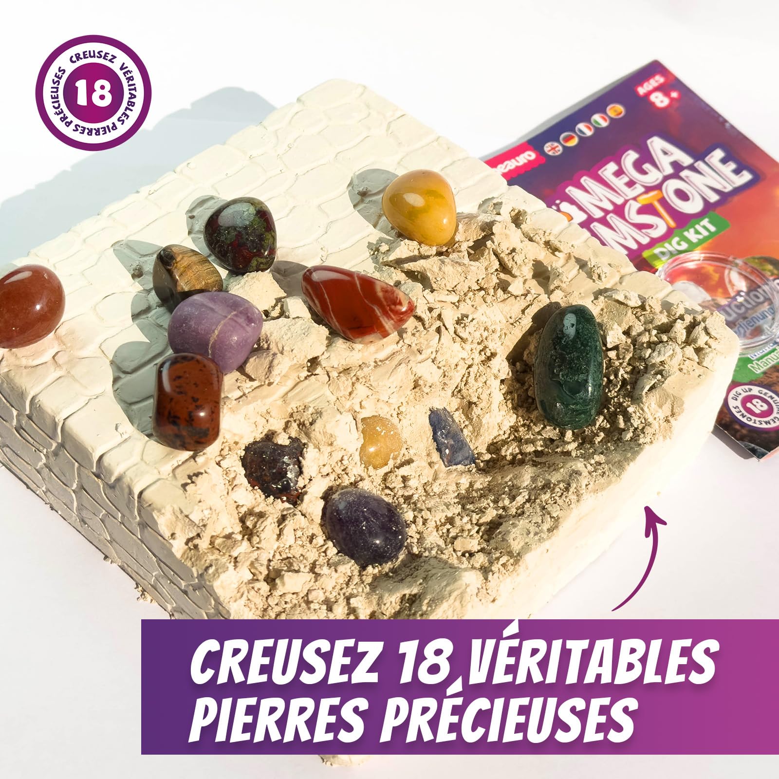Kit de Fouille de Pierres Précieuses pour Enfants – 18 Cristaux, Minéraux et Roches Réels – Dès 8 Ans