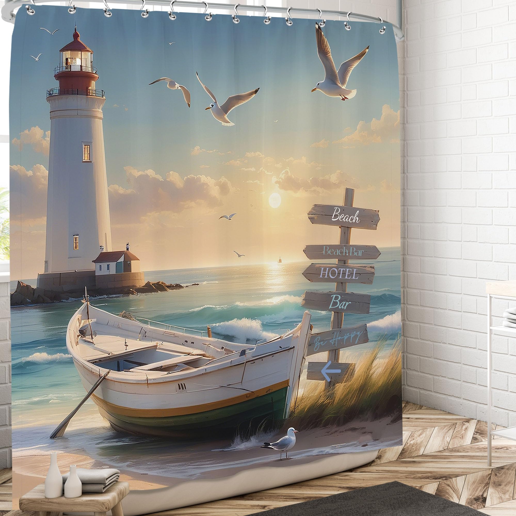 Pakena Nautical Lighthouse Shower Curtain Summer Ocean Beach Coastal Shower Curtains Set Vintage Seasides Sailboat Bath Curtain Blue Sea Seagull Seascape Bathroom Accessories Home Decor 60x72 Inch