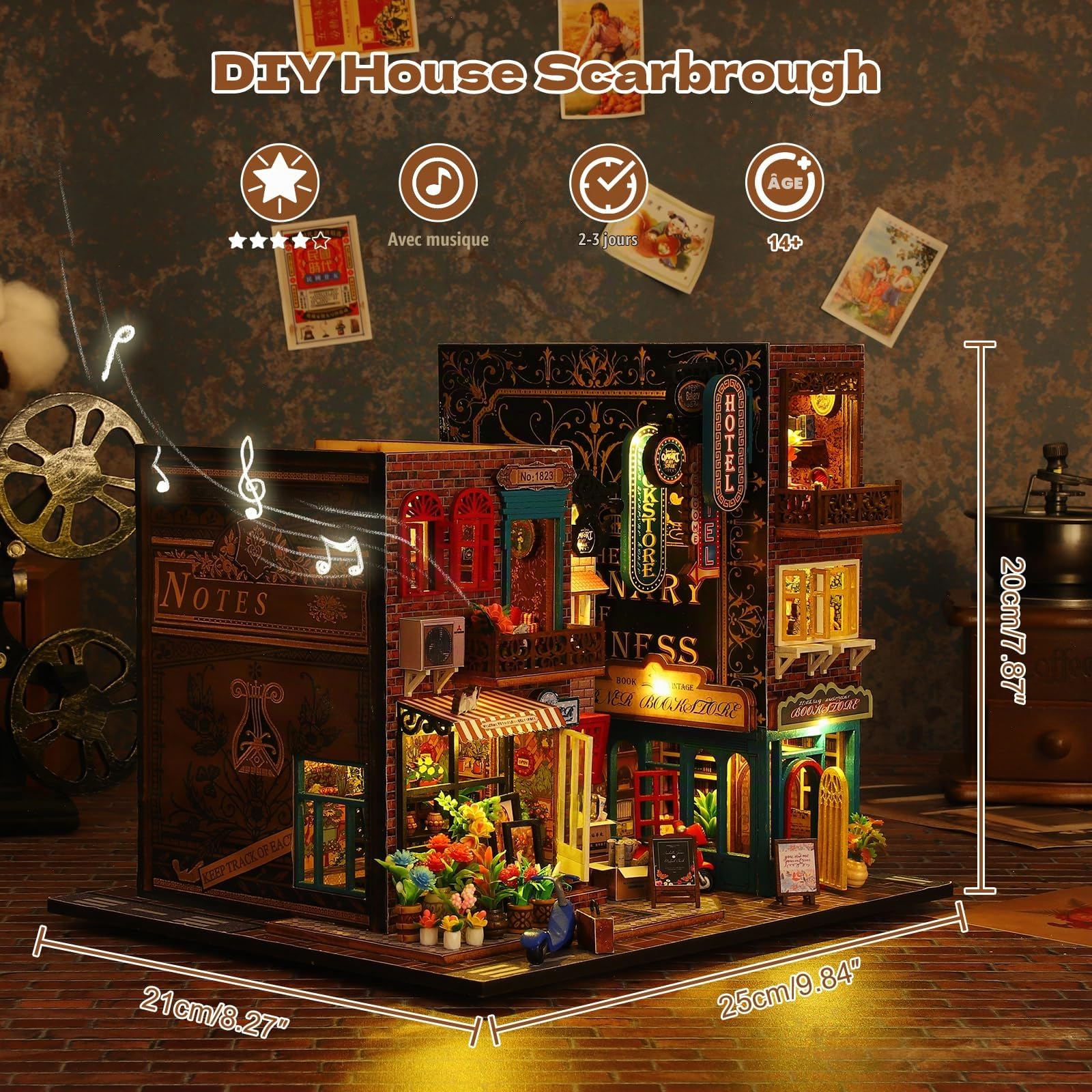 DIY Miniature Maison, Hôtel Scarborough Puzzle 3D en Bois avec Lumière LED Musique, Kit de Maison de poupée pour Adultes, Maquette à Décoration pour Bibliothèque, Cadeau d'anniversaire