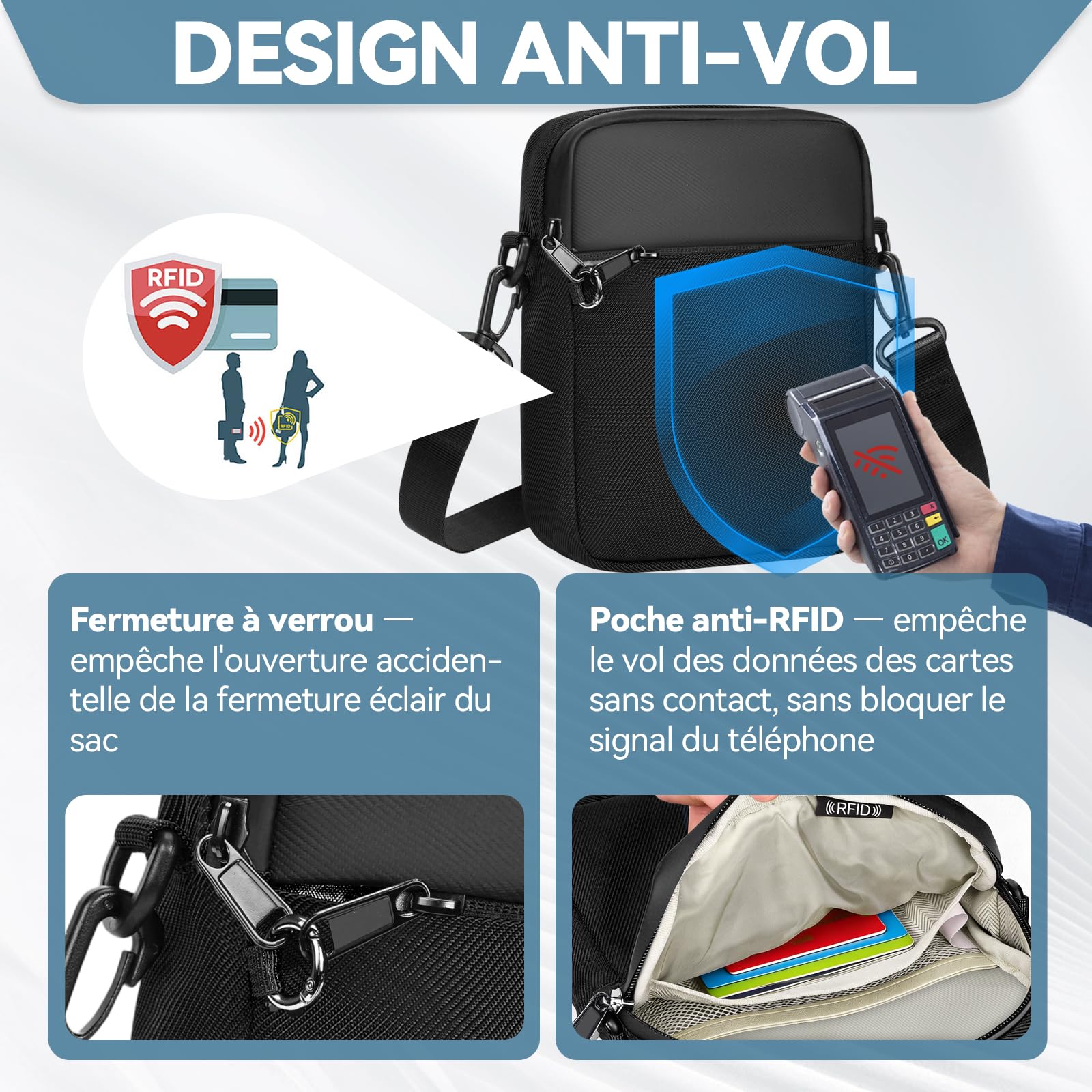 Eshow Sac À Bandoulière Avec Serrure À Glissière Et Poche Rfid, Sac Antivol Pour Hommes Et Femmes, Sac Étanche Pour Le Travail, Les Voyages, La Randonnée Et L'usage Quotidien