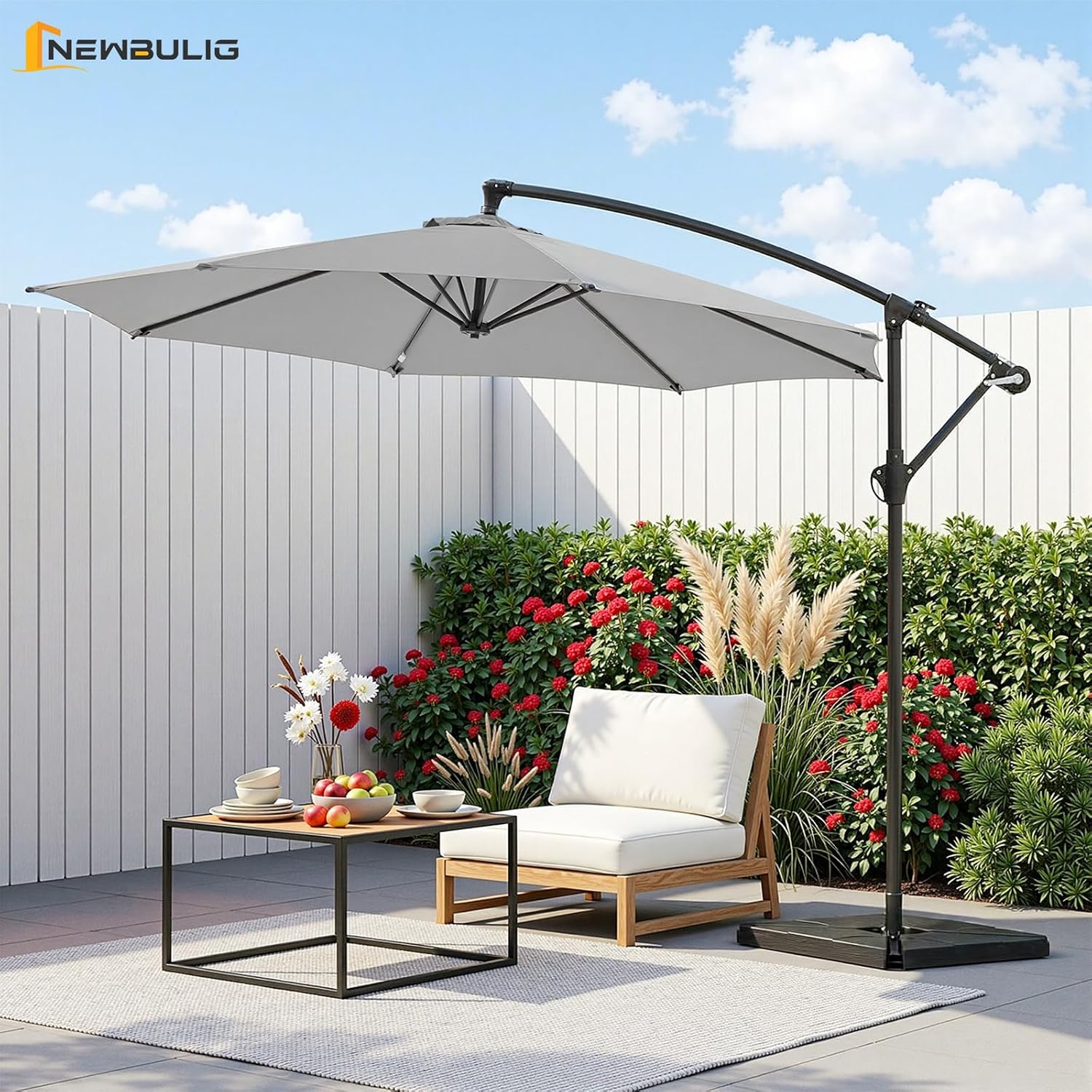NEWBULIG 10FT Patio Umbrella, Offset Cantilever Outdoor Patio Table Umbrella, UV Protection, Fade Resistant Fabric, Easy Tilt Adjustment for Pool, Deck, Garden, Backyard Gray 10FT-with 4 Bases