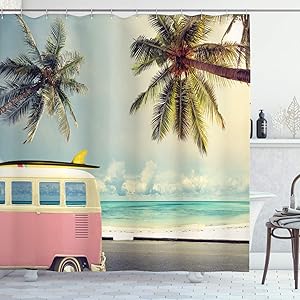 Ambesonne Surf Shower Curtain, Minivan The Beach Retro Inspired Vacation Clouds in Summer Sky Honeymoon Destination, Cloth Fabric Bathroom Decor Set with Hooks, 84