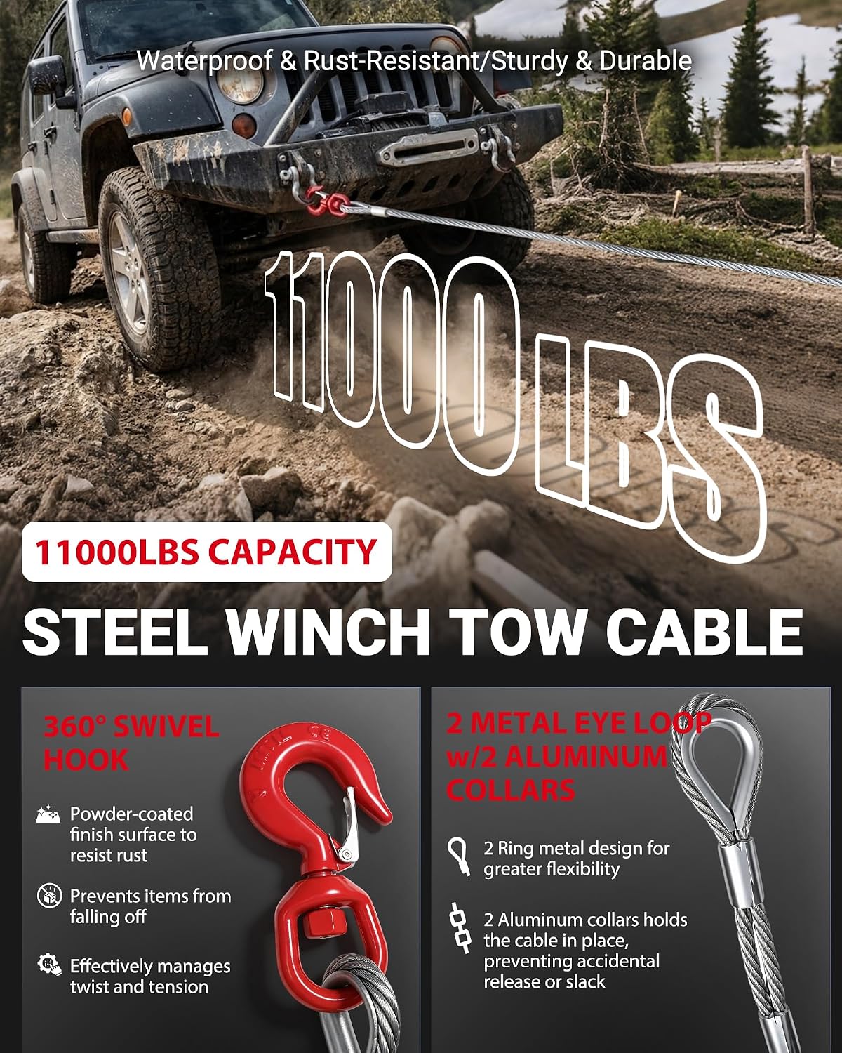 3/8" x50' Galvanized Steel Winch Tow Cable 11000LBS