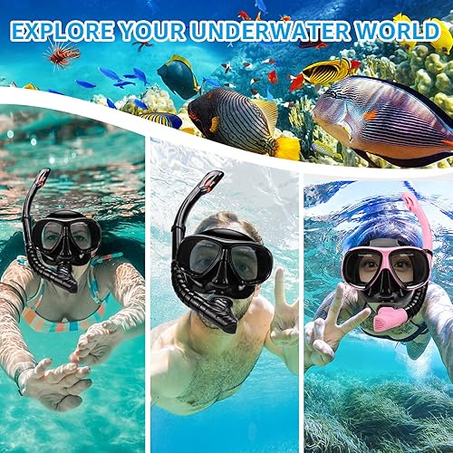 Miniatura 7 de Equipo de esnórquel para adultos, máscara de esnórquel para adultos, conjunto de máscara de buceo de visión amplia, antifugas y antivaho con lente