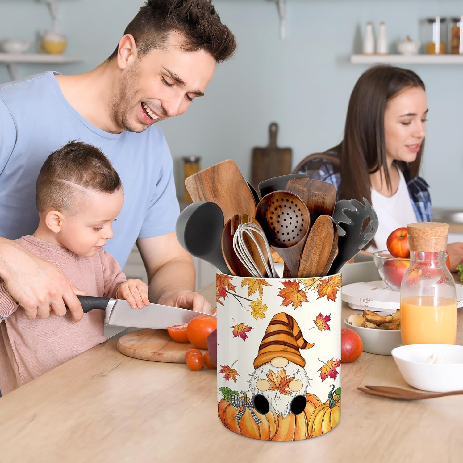pinata Fall Halloween Kitchen Decor Ceramic Utensil Holder, Fall Gnome Halloween Pumpkin Utensils Holder for Indoor Kitchen Decorations(6.3 Inches)