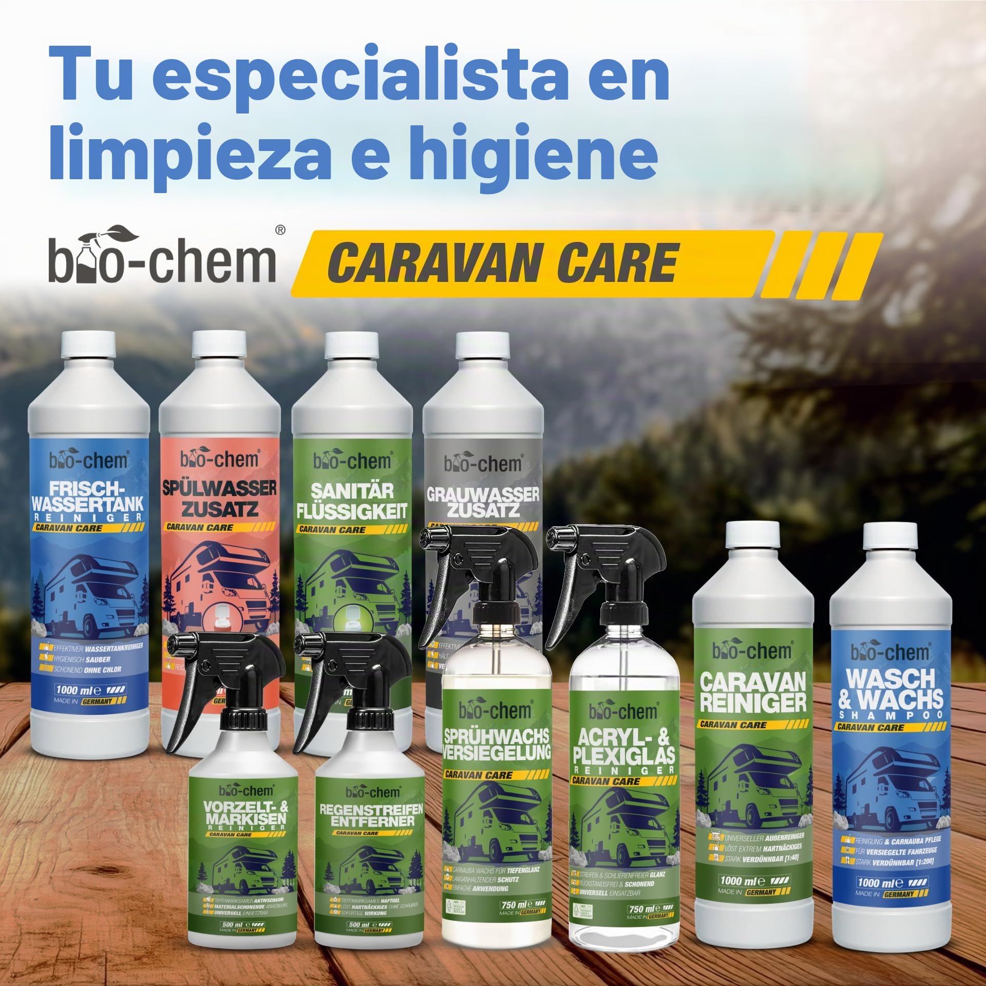 bio-chem Champú y cera para vehículos 1L + Pulverizador de espuma | Limpiador regenerador para plásticos con cera de carnauba, adecuado para la limpieza exterior de la carrocería de caravanas
