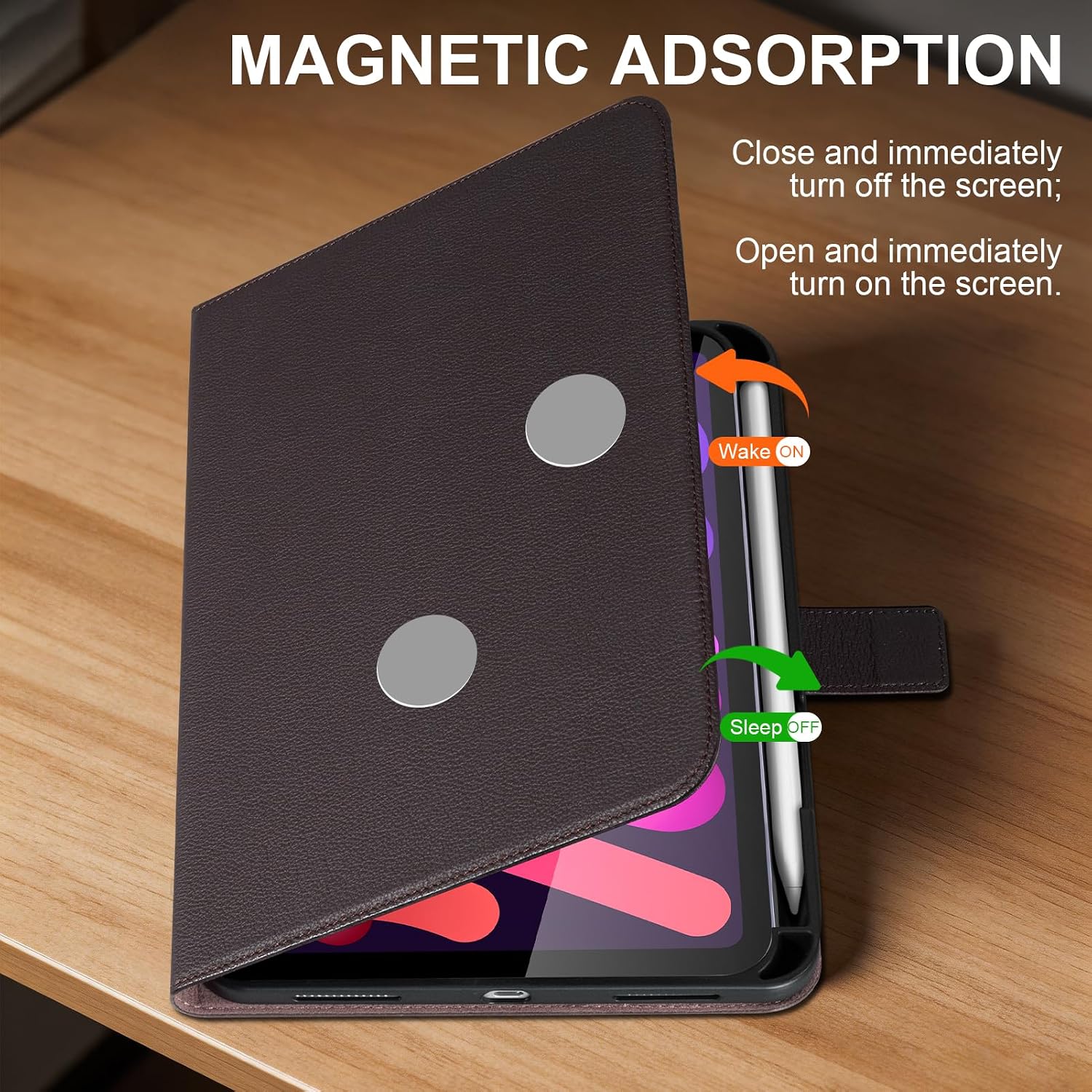Genuine Leather Case for iPad mini 7 (A17 Pro) 2024 iPad mini 6th Gen 2021 with Pencil Holder,Magnetic Closure,Protective Shockproof Smart Cover Adjustable Stand - Auto Wake/Sleep-Dark Brown