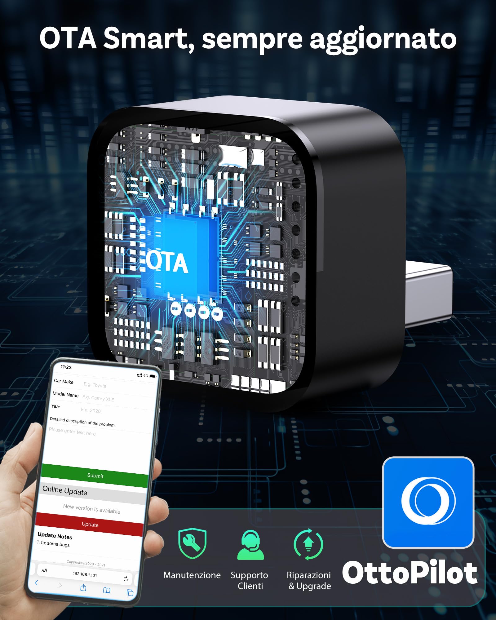 OTTOCAST Mini Pico 2026 Adattatore Wireless CarPlay e Android Auto, Pulsante Intelligente, 5-8s Connessione Automatica, USB-A/C, Aggiornamento OTA, Converte da Cablato a Wireless (iOS 10+/Android 11+)