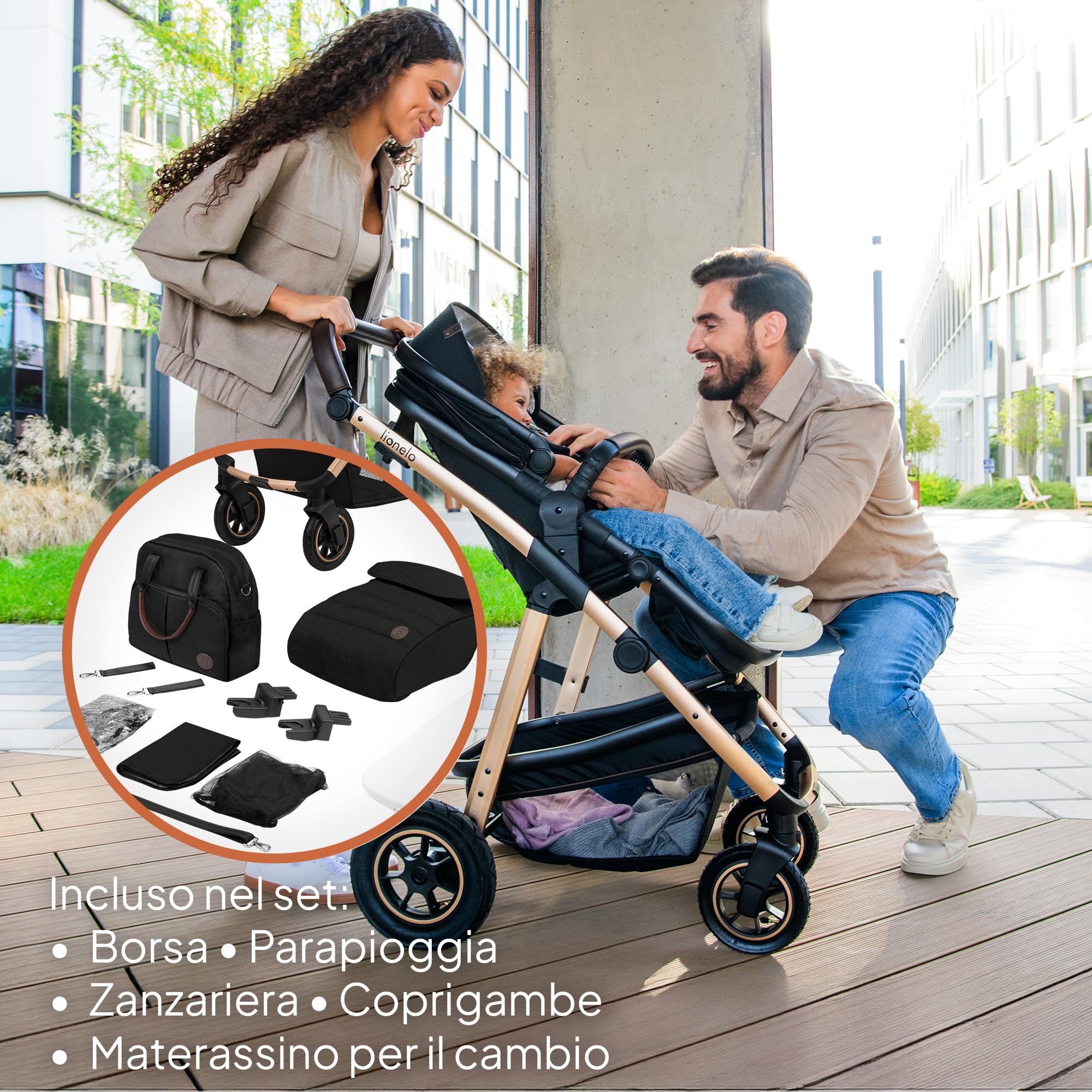 LIONELO Amber Passeggino Trio 3-in-1 0-22 kg Pieghevole Regolabile Ruote Grandi Cappotina XXL