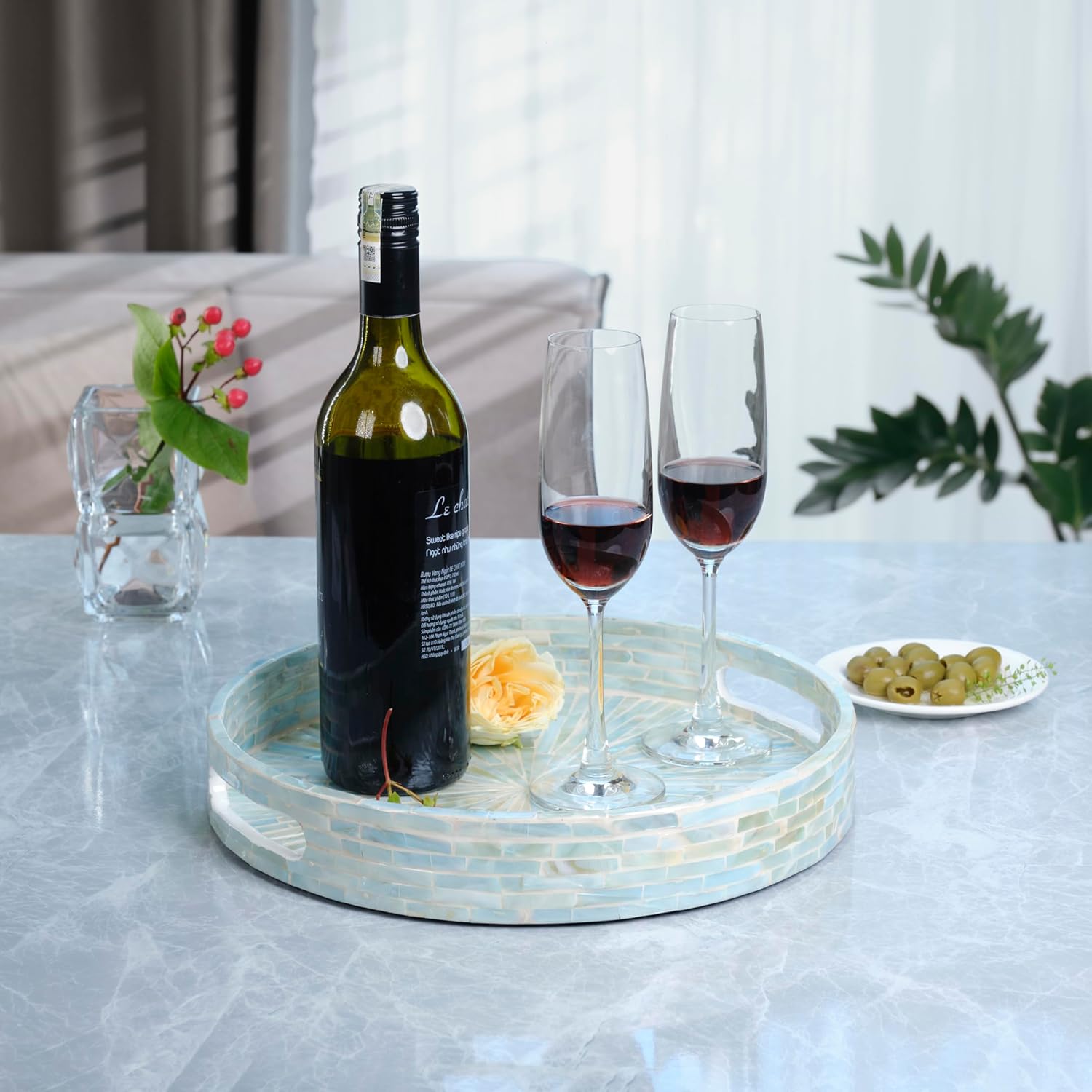 PEMAR 12.6” Mother of Pearl Round Serving Tray with Handles, Decorative Nacred Wooden Ottoman Coffee Table Tray (Teal Sunlight) - Image 7