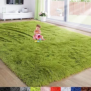 Amdrebio Grass Green Area Rugs 8x10 for Living Room Bedroom, Large Shag Fluffy Plush Rugs for Kids Room Baby Nursery Decor, Moss Fuzzy Fur Modern Floor Rug for Teen Boys, Shaggy Fuzzy Cool Big Carpet