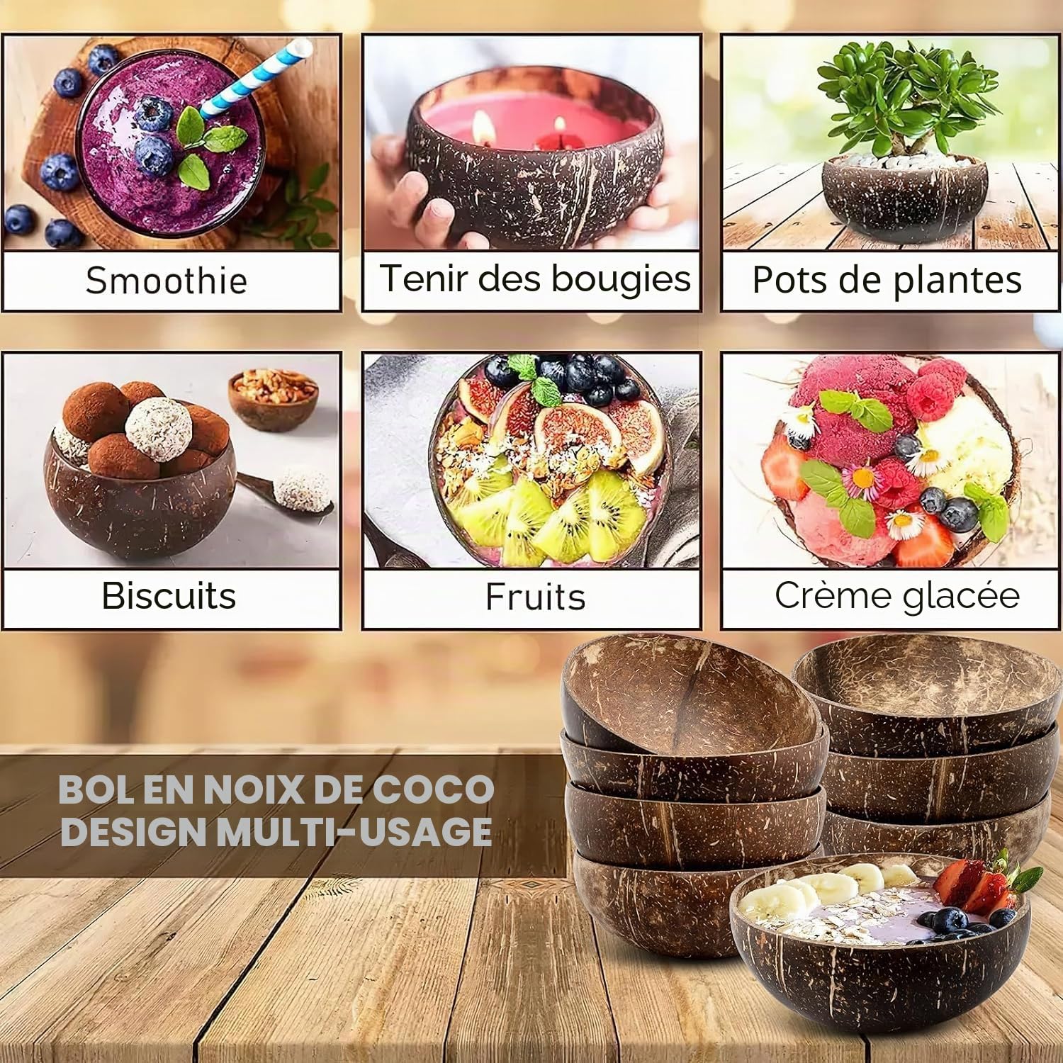 Lot de 8 bol en noix de coco naturelle - 450 ml - Bol Bouddha pour smoothie et salade d'açaï - Décoration de cuisine