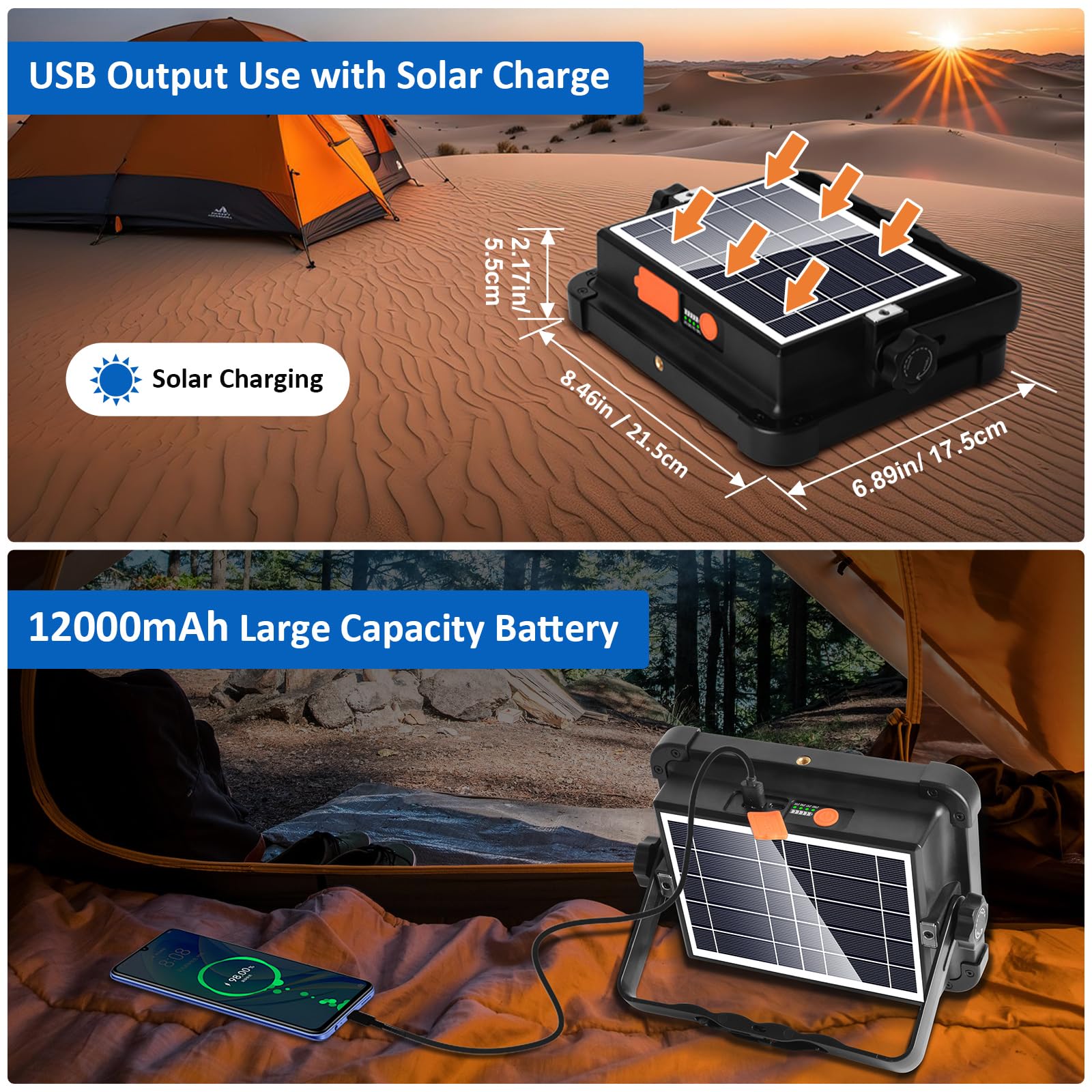 MASMEJOR Faro LED Ricaricabile Solar, 10000LM, 12000mAh, 4 Modalità Luce | 100W, 336 LEDs, Uscita USB, Base Magnetica, Luce Rossa e Blu, Portatile per Campeggio, Garage, Pesca, Emergenze