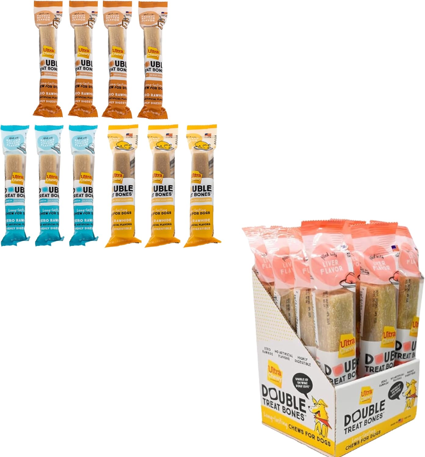 Ultra Chewy Double Treat Bones - Favorite Flavors (10 Pack) and Liver Flavor (12 Pack) Bundle - Long-Lasting Dog Treats Made in USA, Highly Digestible, Ideal for Aggressive Chewers