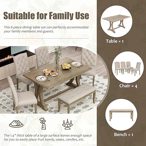 Miniatura 5 de Juego de mesa de comedor de granja de 6 piezas, mesa rectangular con caballete y 4 sillas y banco tapizados, juego de desayuno de madera maciza para