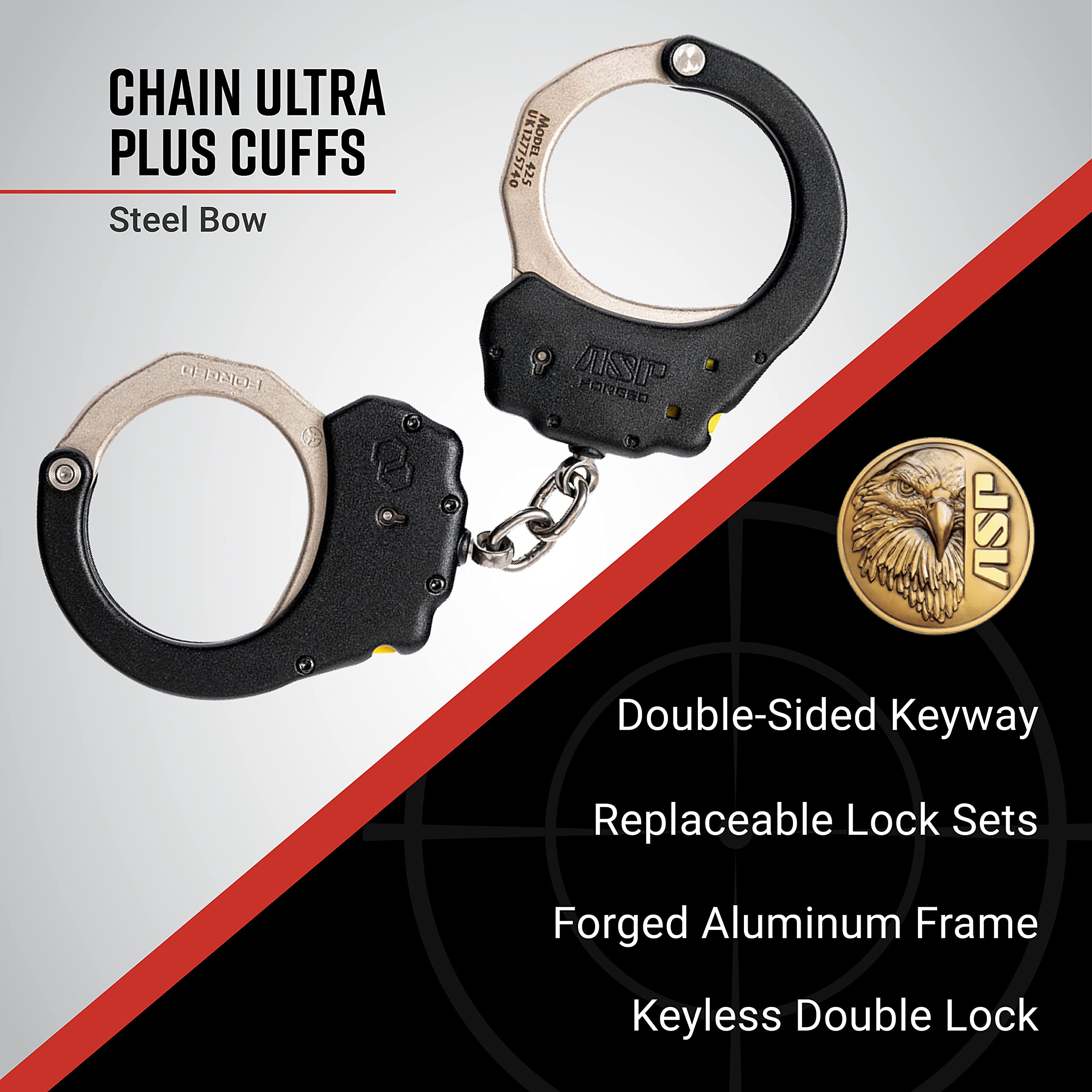 ASP Manette a catena Ultra Plus, alluminio forgiato, manette a doppia chiusura senza chiave, nessuna chiave per manette, attrezzatura per la polizia, attrezzature per le forze dell'ordine e attrezzature per la guardia giurata, manette e restrizioni