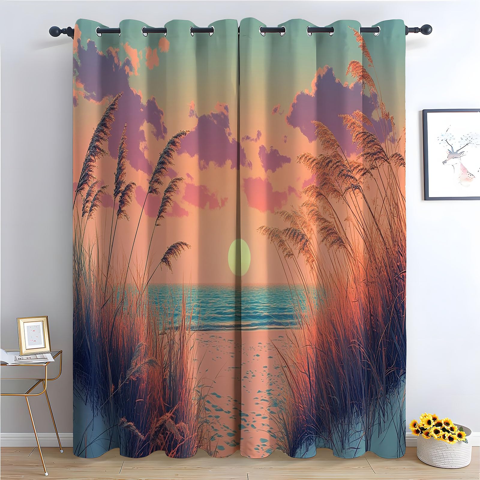 WIKEO Floral Blackout Curtains Beach Weeds Scenery for Living Room Bedroom Eyelet Curtain,Botanical Thermal Insulated Noise Reducing Drapes Sets 2 Panels-52 W x 96" L (Pack of 2)