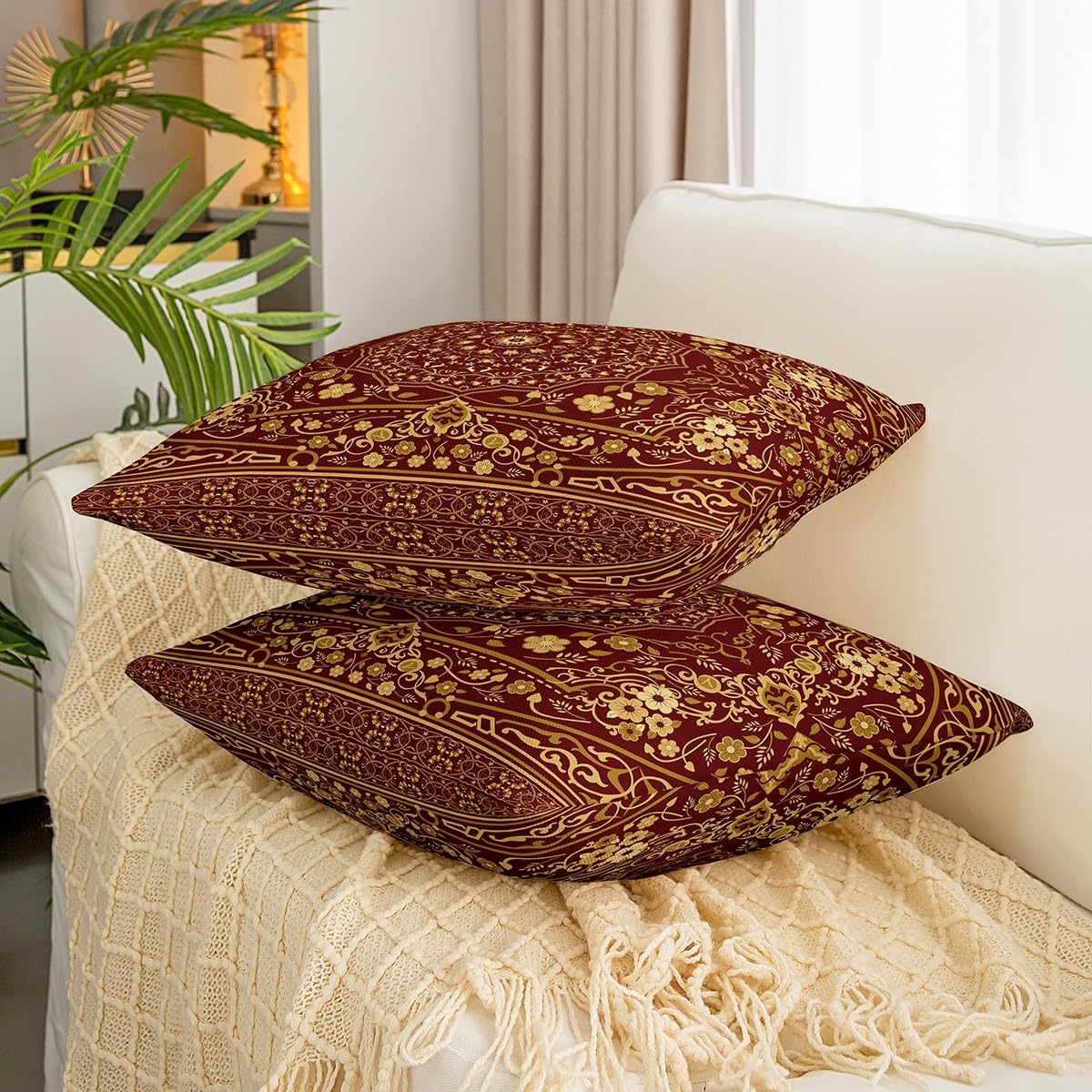 Pack of 4 Retro Floral Throw Pillow Covers 20x20 Tribal Exotic Pillow Covers Boho Antique Fashion Retro Red Yellow Cushion Covers Vintage Bohemian Fashion Cushion Cases for Women Men