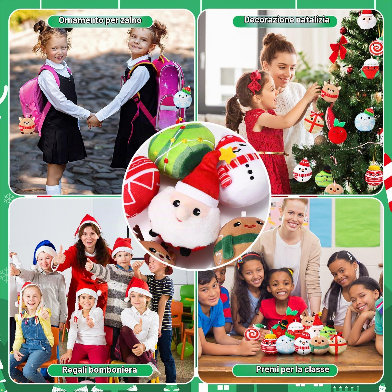 Aoriher 12 Ornamenti di Peluche Natalizi da 8 cm Giocattoli Bambola di Peluche di Babbo Natale Alce Pupazzo di Neve Omino di Pan di Zenzero Palla di Neve Fiocco di Neve per Albero di Natale