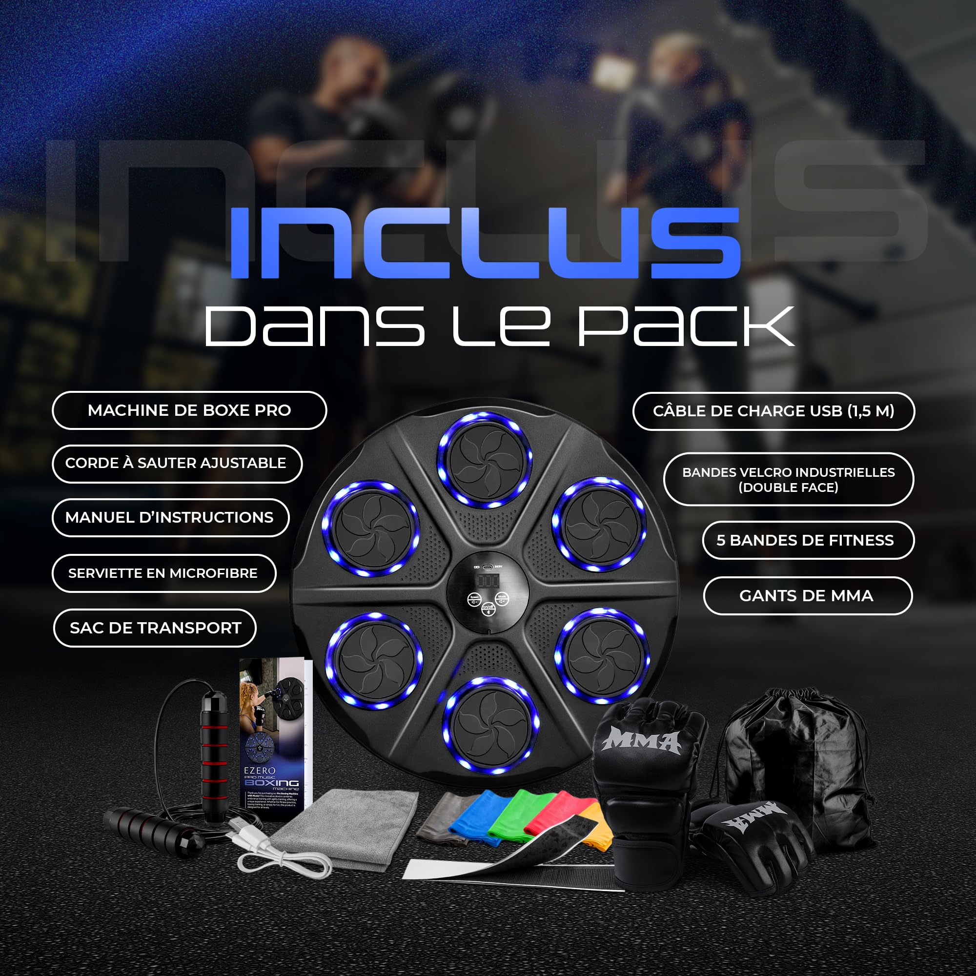 EZERO Machine Beatpunch Boxe Adulte Bluetooth LED Entraînement interactif Boxe Mural Musique Améliore Réflexes Endurance Set Complet