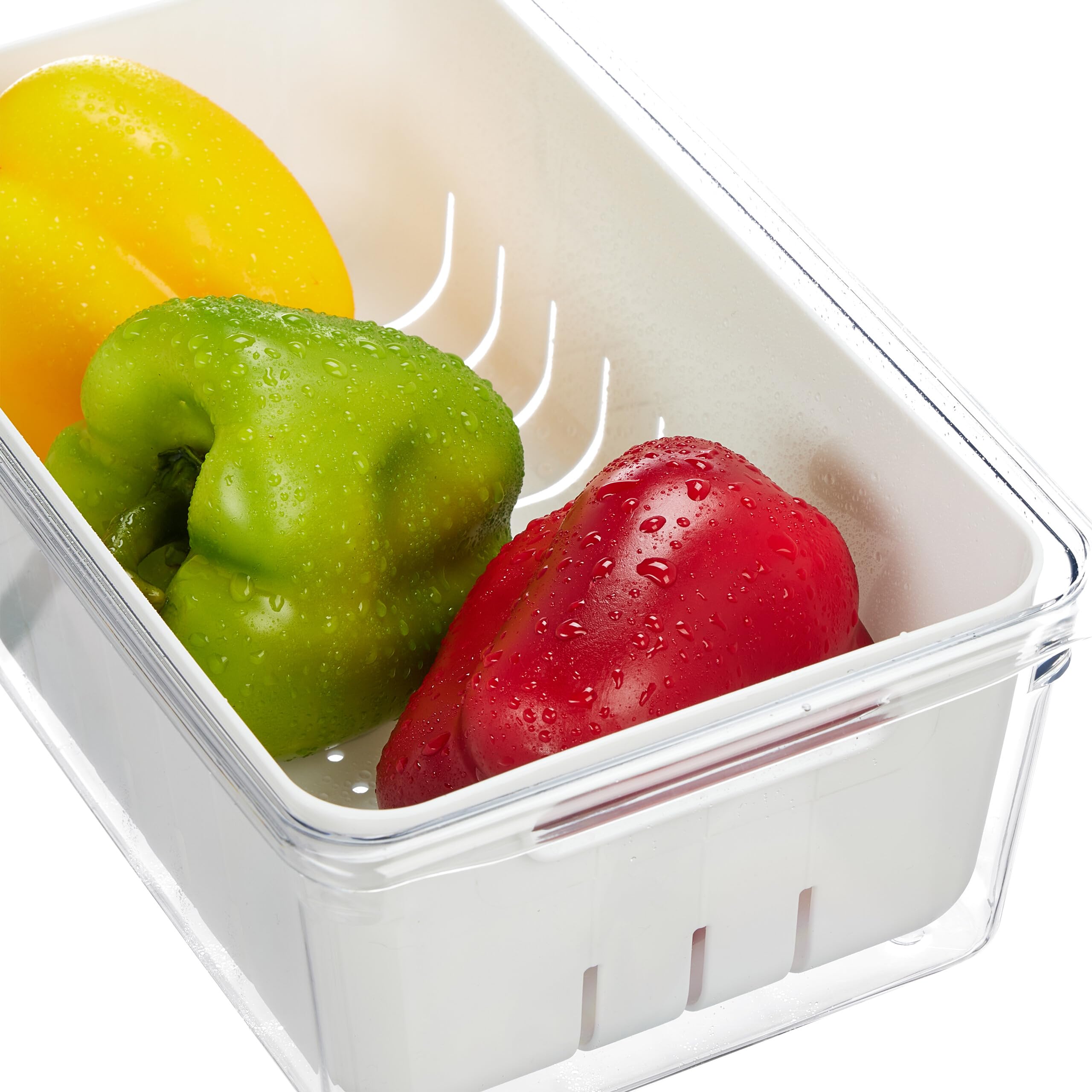 Relaxdays Organizador Nevera, Set 2, Apilable, Cestas Escurridora, Almacenaje Alimentos con Tapa, Transparente/Blanco