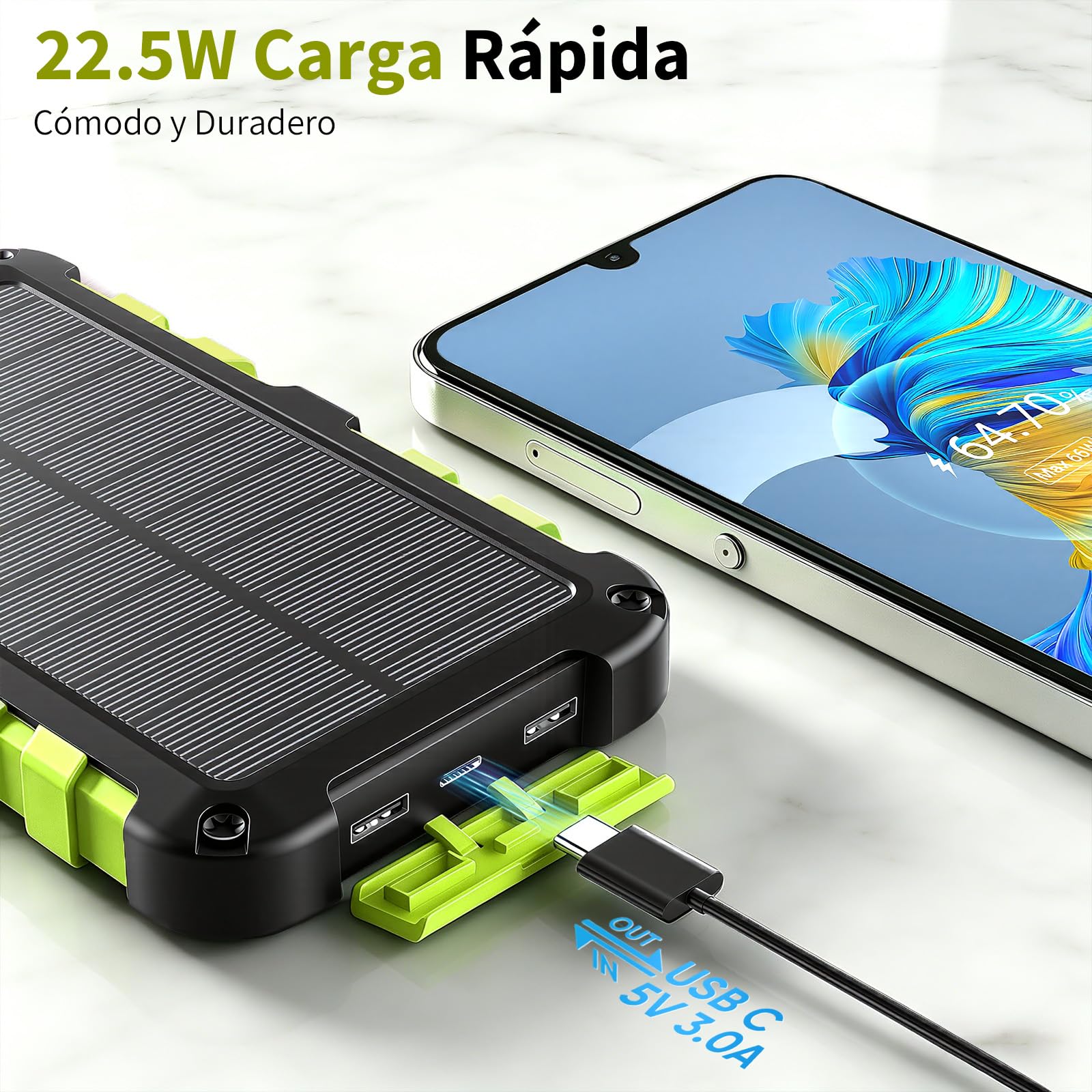Cargador Solar 10000mAh Power Bank Solar, Bateria Externa con Carga Rápida 22,5 W Impermeable IPX4 2 Puertos USB + Linterna LED Compatible con Smartphones Tablets Camping y Emergencias Verde