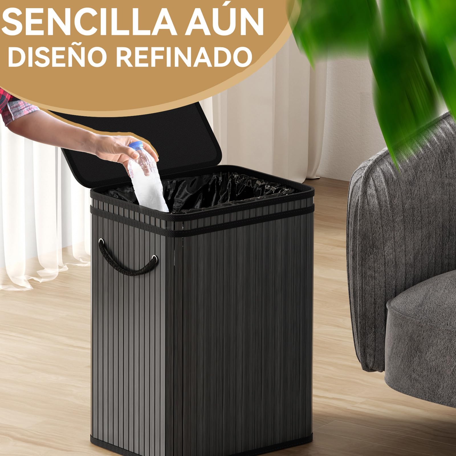Cubo de basura grande de 80 litros/21 galones con tapa,Cubo de basura/cubo/cesta de basura para exteriores para el hogar, de bambú, para exteriores, hogar, oficina, cocina, 40 x 30 x 60 cm (negro)