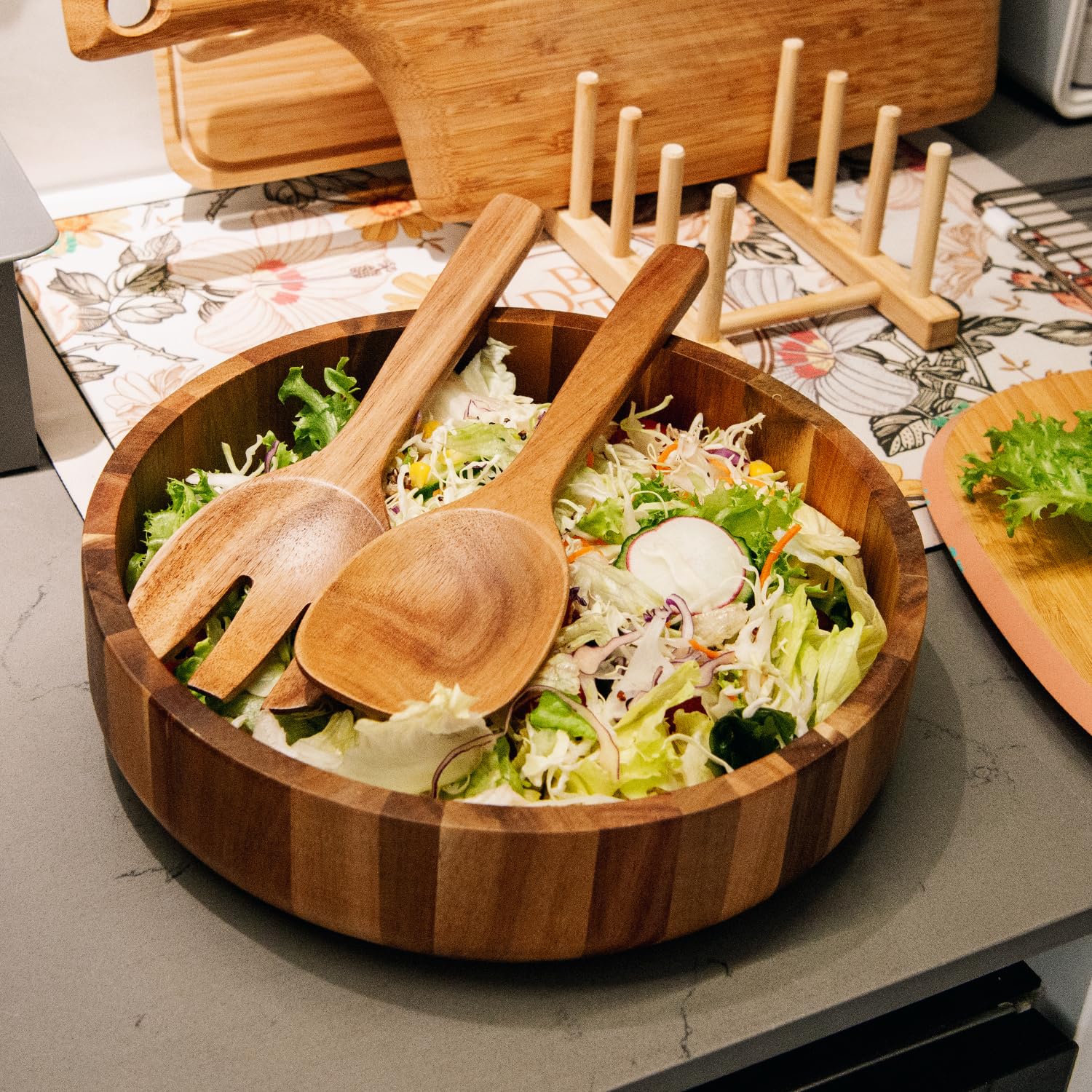Set Posate Da Insalata In Legno Di Acacia – Cucchiaio E Forchetta Intagliati A Mano, 26 Cm, Design Naturale, Antigraffio, Per Servire Insalata E Pasta, Regalo Per La Casa - 2